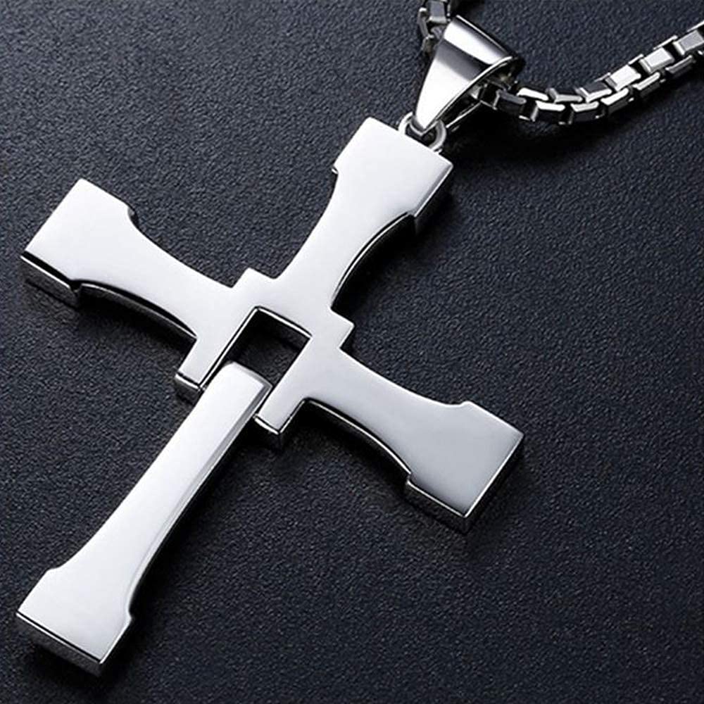 Fast and Furious - Collana in acciaio INOX e argento XXL, con croce, 60 cm