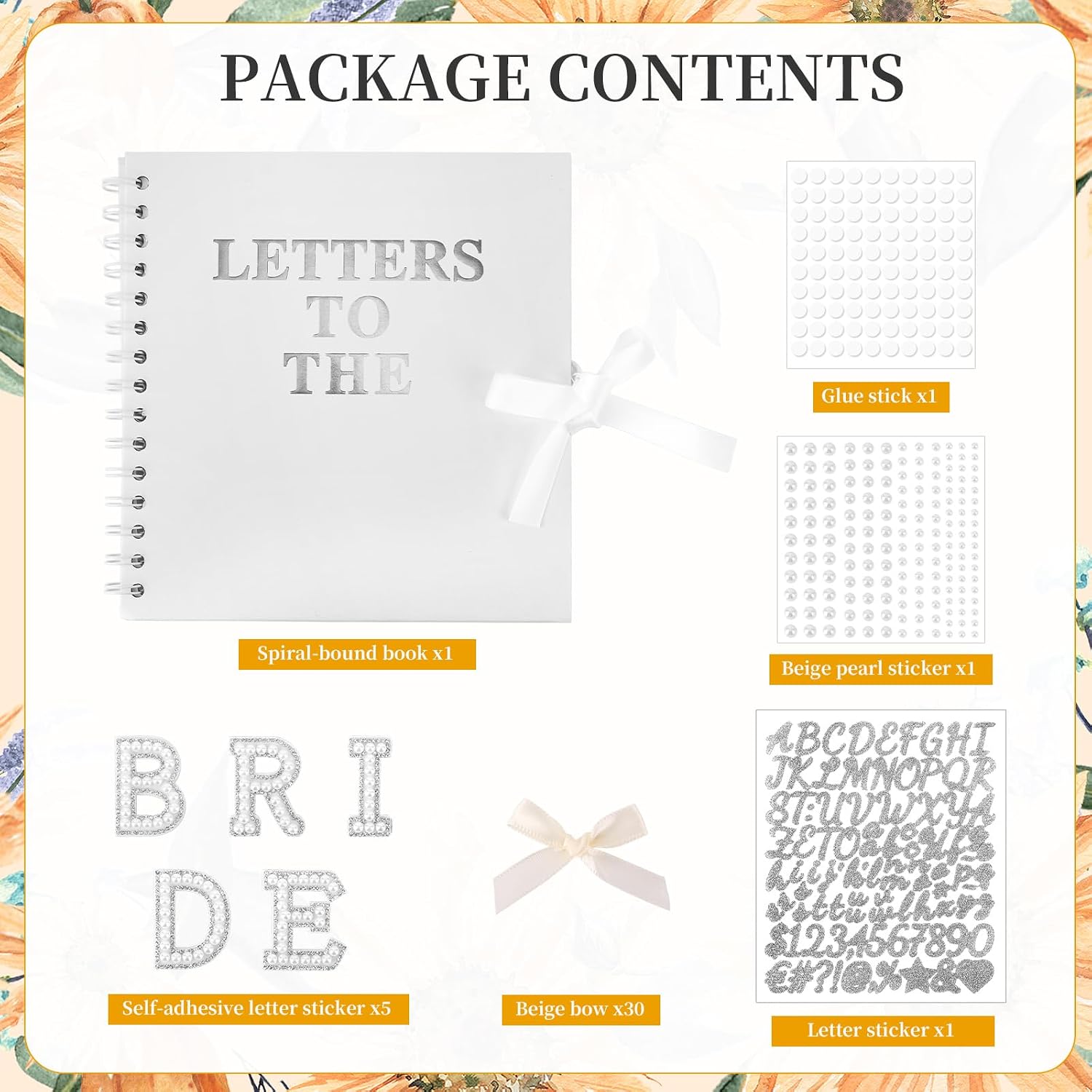 Penitue 8x8in Letters to The Bride Scrapbook Kit, Wedding Memory Book White Bride Guest Book Sign DIY Photo Album with Metallic Letter & Pearl Stickers Bows Bridal Shower Gift Set