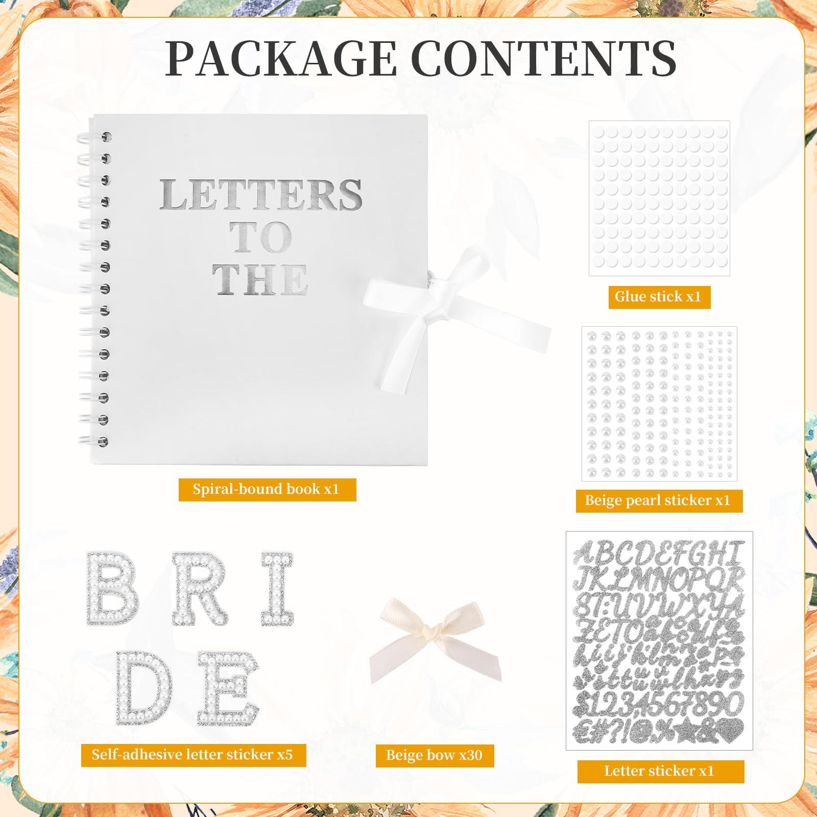 Penitue 21x20,5cm Kit Scrapbook Letters to the Bride, Libro Ricordi Nozze Libro degli Ospiti Bianco Sposa Album Fotografico con Adesivi Lettere Metalliche e Perle e Fiocchi Regalo Bridal Shower