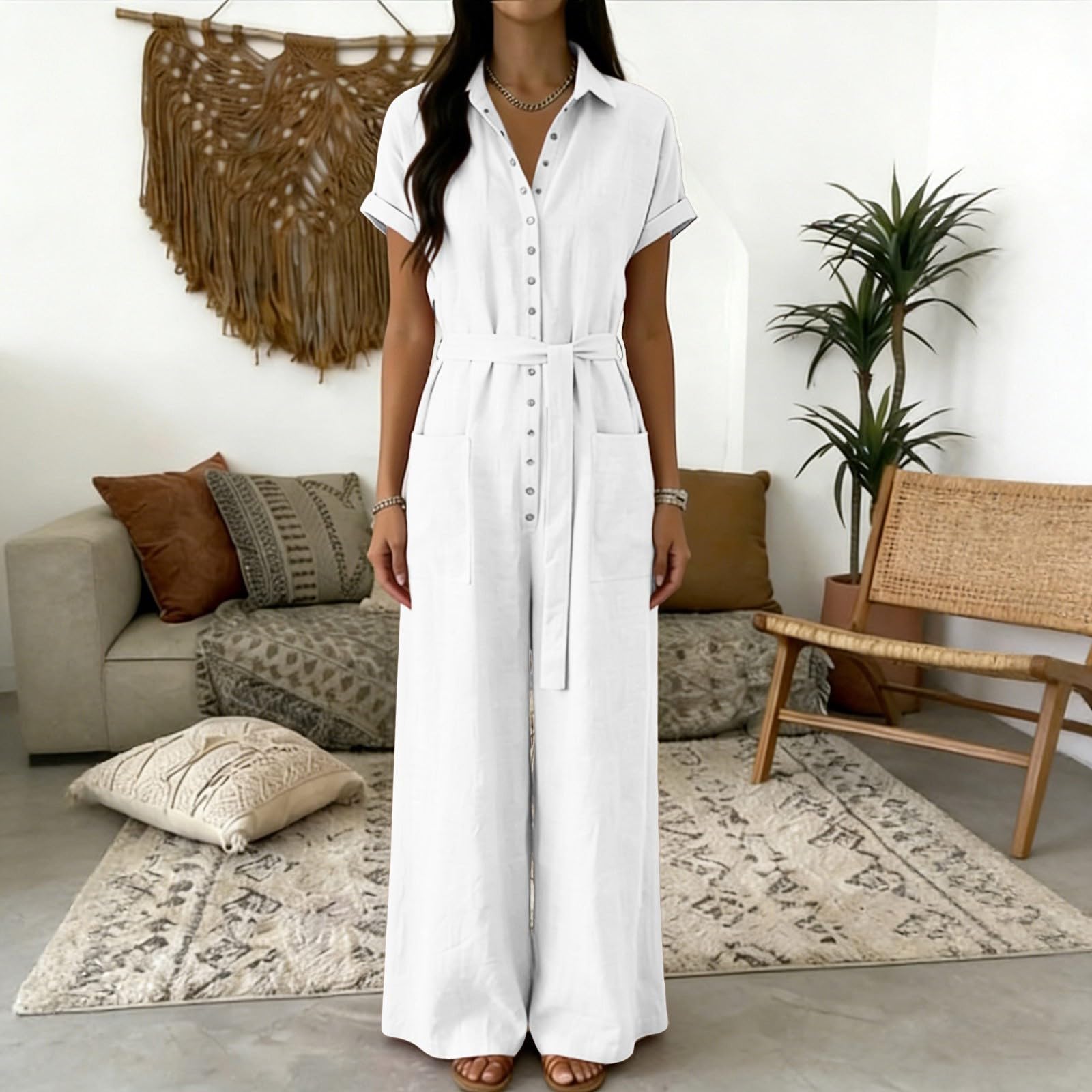 Jumpsuit Damen Sommer Baumwolle Overall Revers Knöpfen Hosenanzug Mit