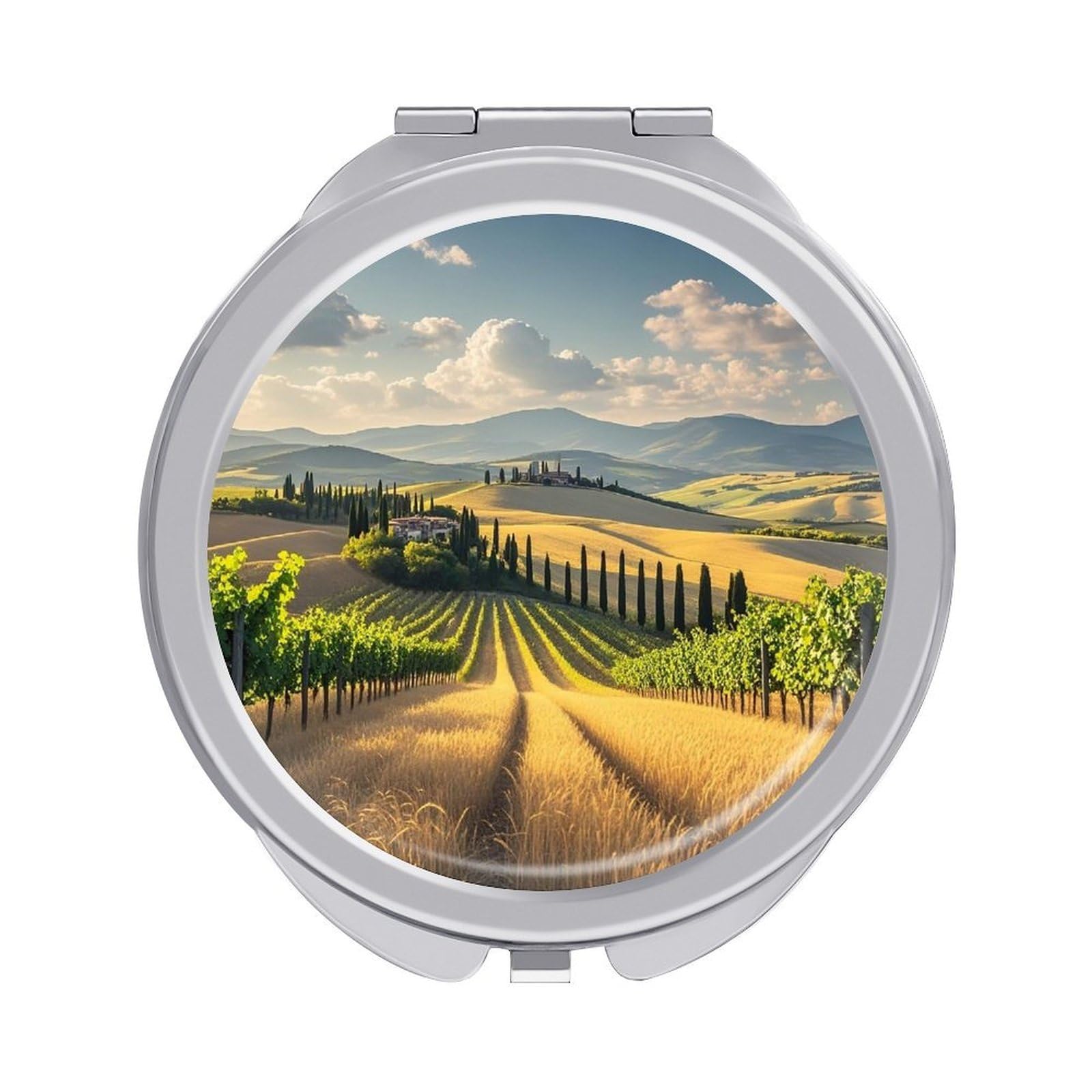 FekiLoot Italy Tuscan Travel Makeup Mirror for Women Folding Portable Hand Compact Mirrors Small Round Vanity Mirror 1X/2X Magnifying Metal Pocket Makeup Mirrors