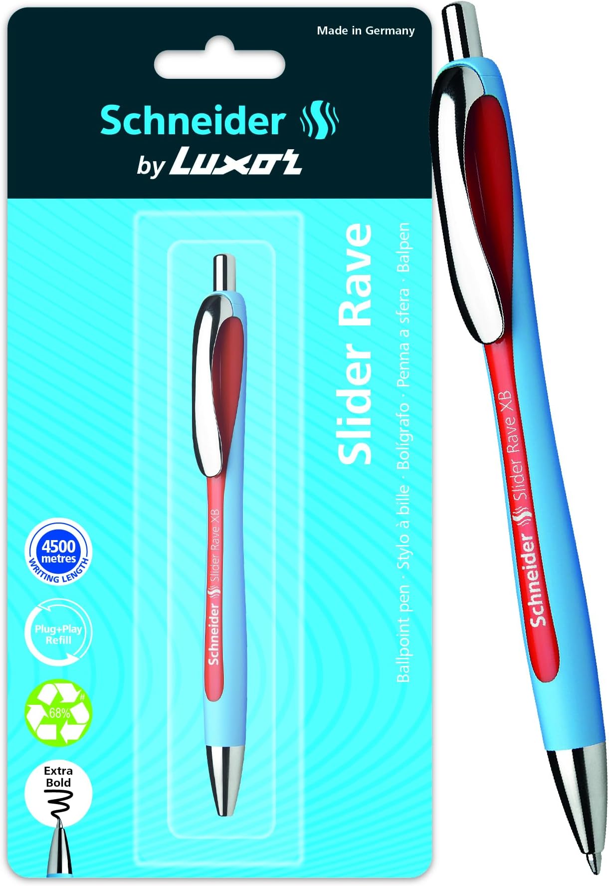 Schneider Slider Rave XB Ball Pen | Extra Bold| 4500 meters writing length| Plug+Play Refill| Ink Colour Red | German Technology