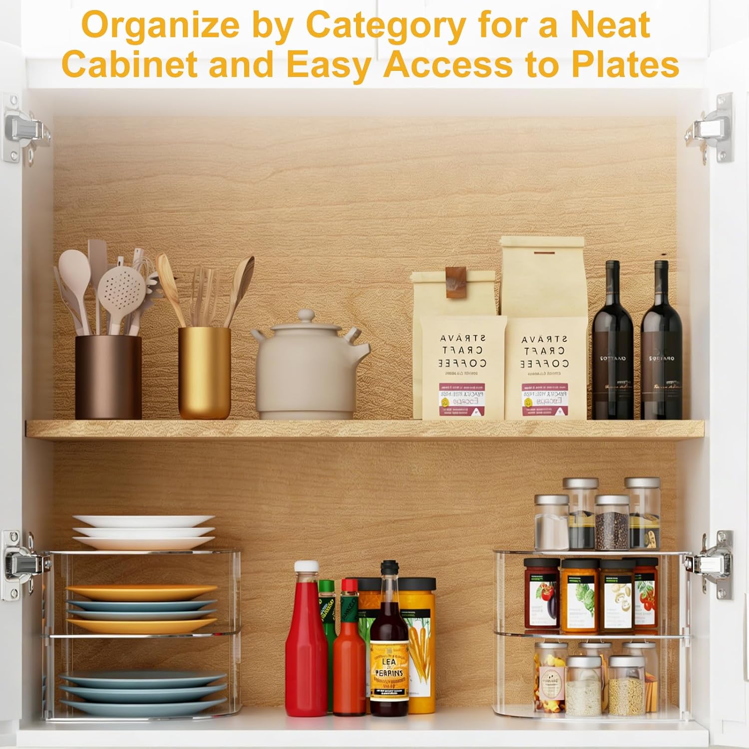 2 Pack Acrylic Plate Organizer for Cabinet, Corner Kitchen Cabinet Countertop Dish Organizer Shelf Kitchen Plate Rack Holder for Plates, Dishes, Bowls