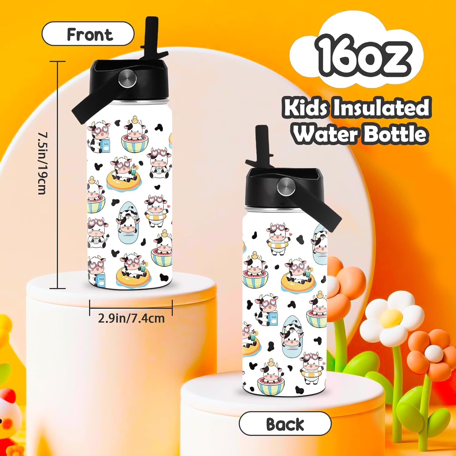 Cow Water Bottle - Cow 16oz Stainless Steel Water Bottle with Straw - Cute Cows Insulated Cup for Girls Boys - Cows Kids Tumbler for School, Sports, Travel - Image 3