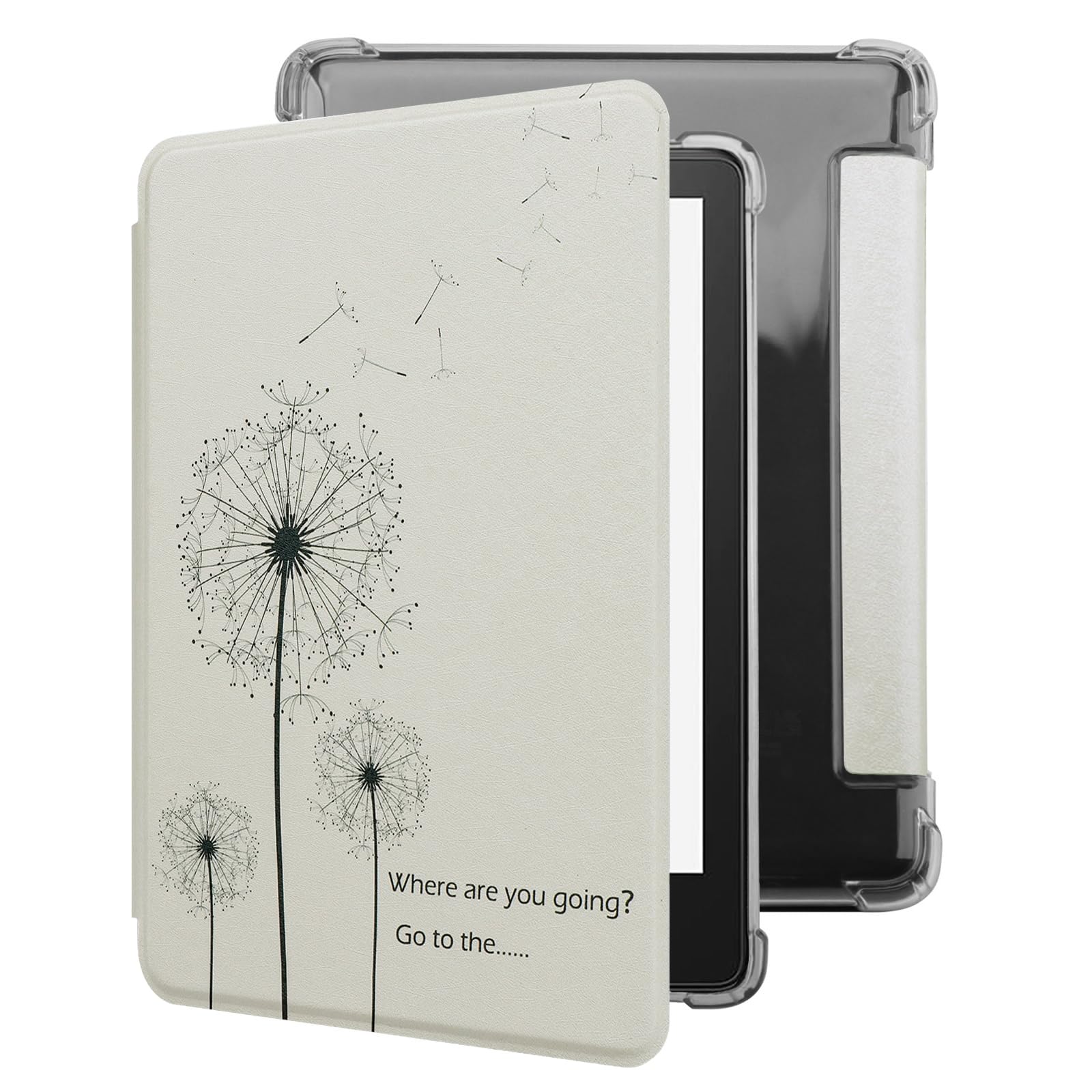 WALNEW Hülle für 6,8" Kindle Paperwhite 11. Generation 2021 & Signature Edition, Transparent Weiche Flexible TPU Rückseite Schutzhülle mit Auto Schlaf/Wach PU-Leder Smart Cover (Löwenzahn)