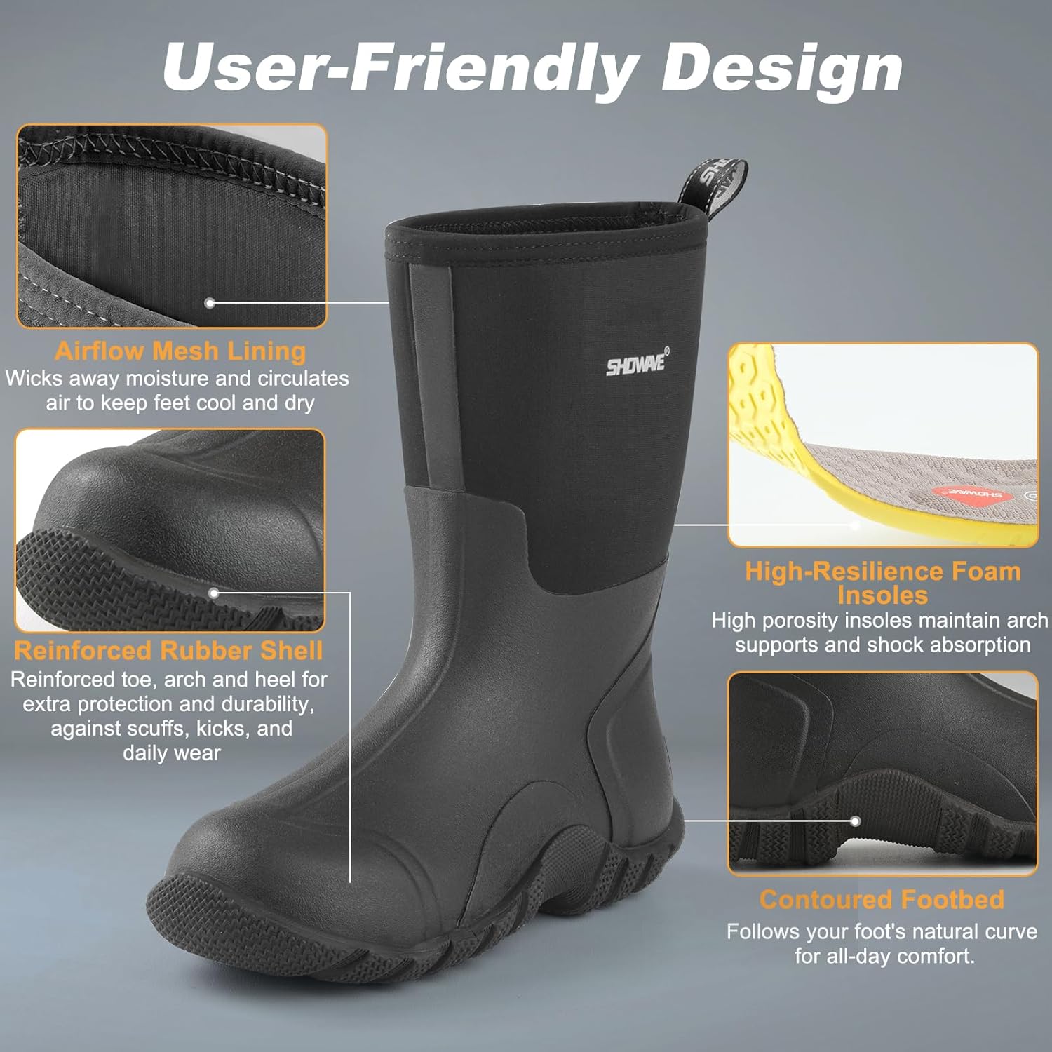 Showave Rain Boots Men Insulated Rubber Boots for Men Waterproof Mud Boot Slip On Garden Boot for Farming Hunting Fishing - Image 4