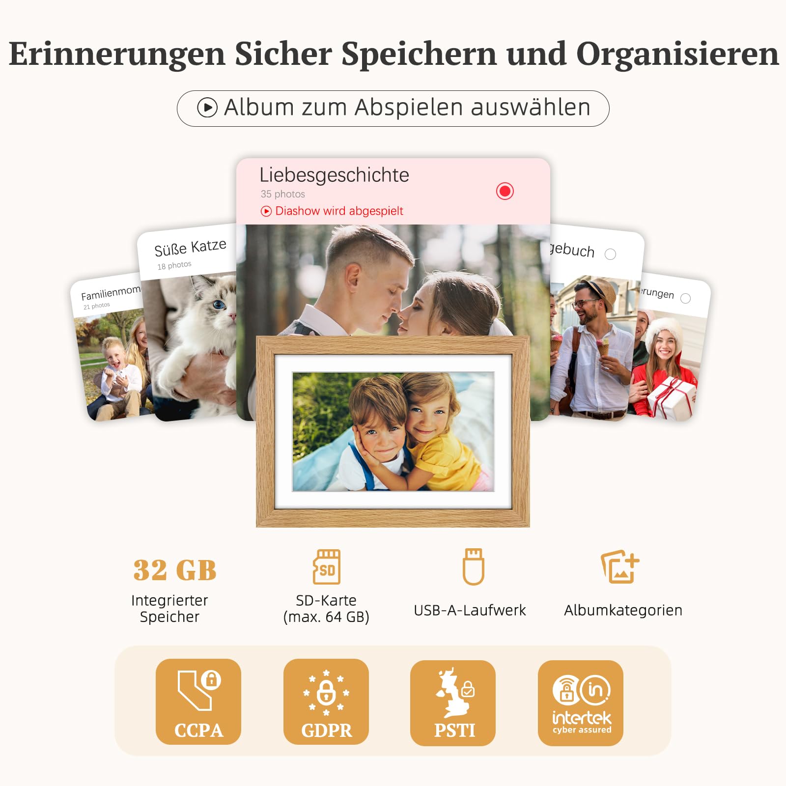 Frameo Digitaler Bilderrahmen Holz WLAN mit 32GB, 10.1 Zoll Elektronischer Bilderrahmen 1280 * 800 IPS Touchscreen, Fotos/Videos sofort über Frameo APP Teilen, Geschenke für Frauen Männer, Eichenholz
