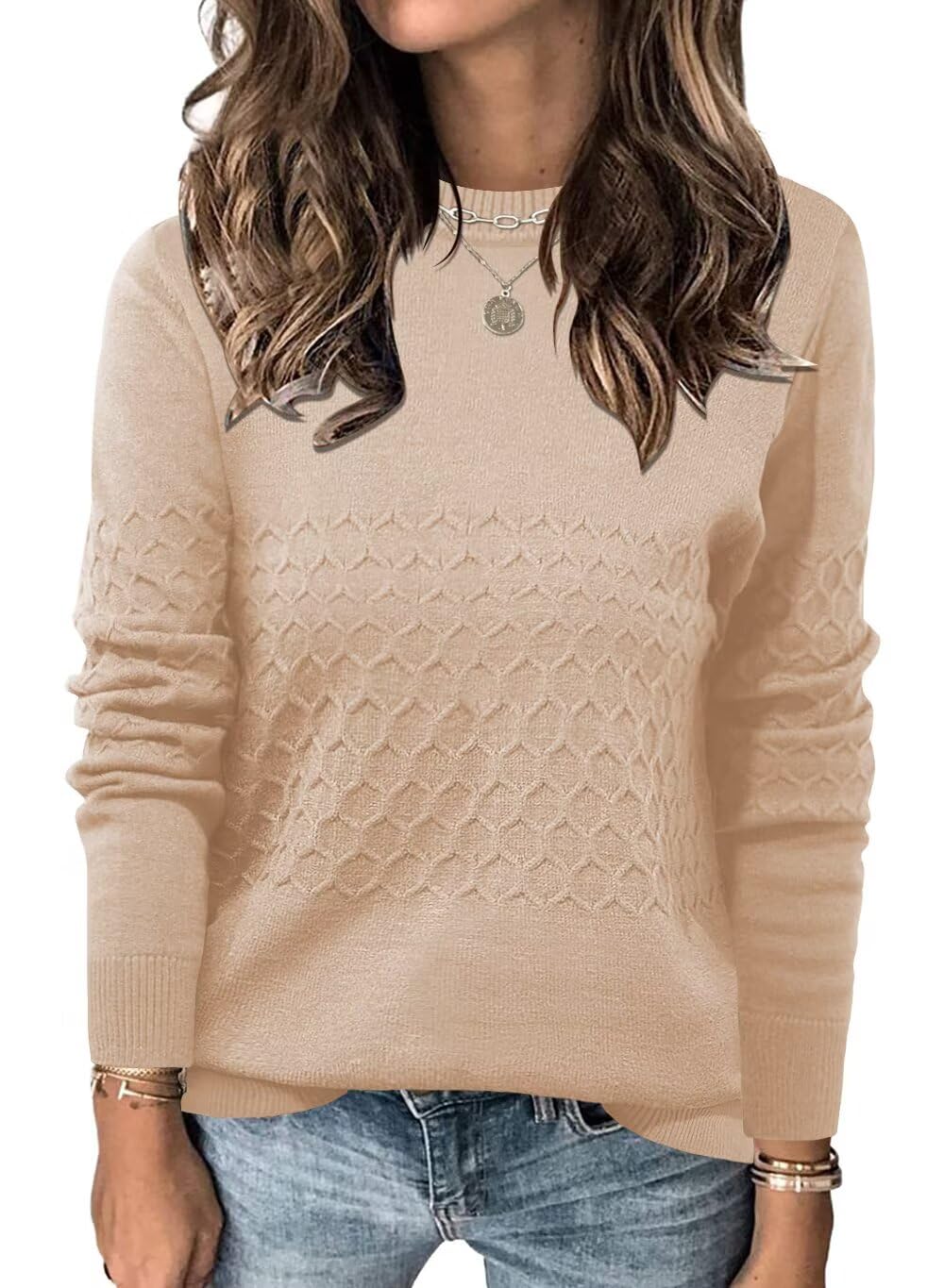 FEKOAFE Womens 2025 Fall Fashion Crew Neck Sweaters Long Sleeve Knit Pullover Sweaters for Women