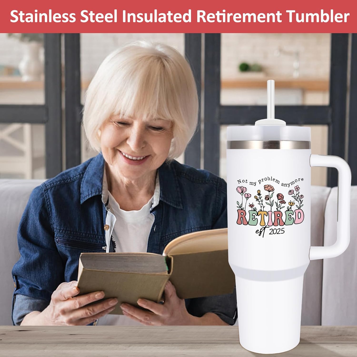 Retired EST 2025 Tumbler with Handle and Straw, 40oz Retirement Travel Mug Cup for Coworkers Colleague Boss, Happy Retirement Gifts for Women Teacher Nurse, Retirees Stainless Steel Tumbler Farewell - Image 2