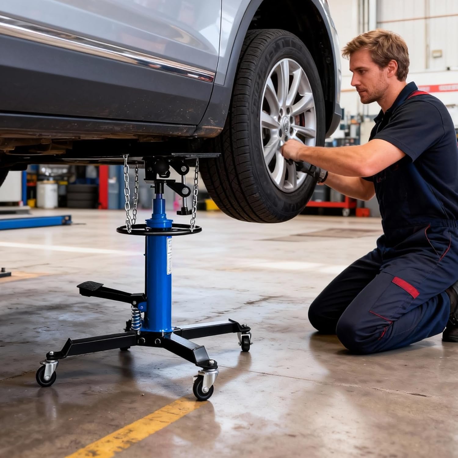 1660 LBS Transmission Jack, Hydraulic Telescoping Jack with 30° Tilt Saddle, 34"-68" Lifting Range, 4 Swivel Casters & Safety Chains for Automotive Light Truck Installation Removal