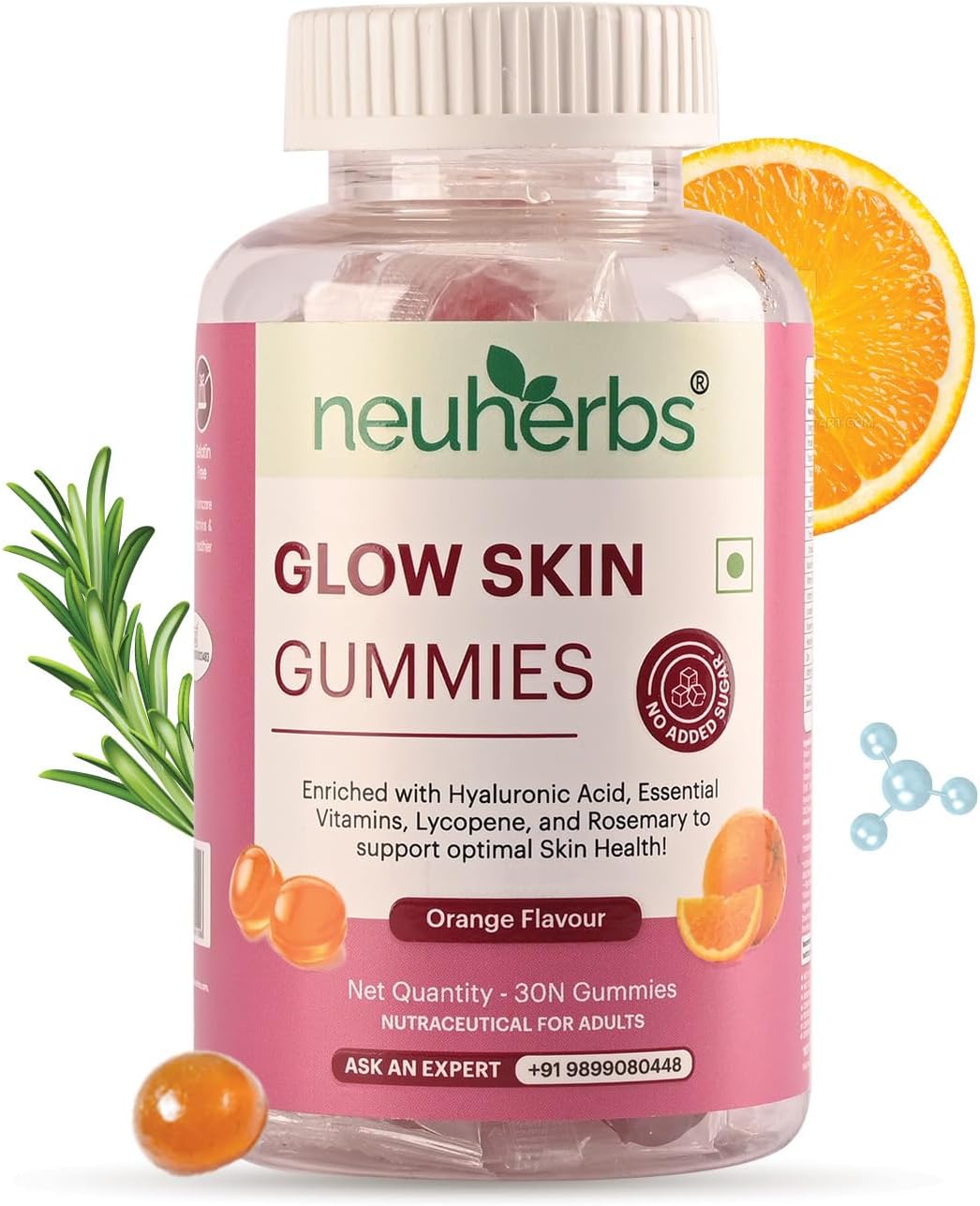 Neuherbs Glow Skin 30 Gummies For Men & Women With Hyaluronic Acid,Vitamins,Lycopene & Rosemary To Support Healthier & Youthful Skin Health,Natural Orange Flavoured,100% Vegetarian,Gelatin Free