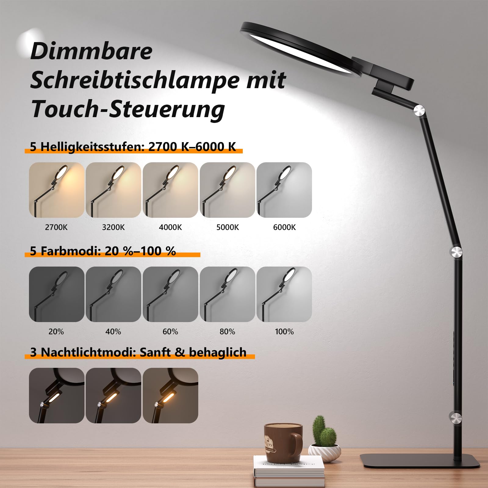 Schreibtischlampe Led Dimmbar, 5 Farben und 5 Helligkeitsstufen | Tischlampe mit USB-Ladeanschluss Touch-Steuerung für Kinder, Schlafzimmer, Lektüre, Büros
