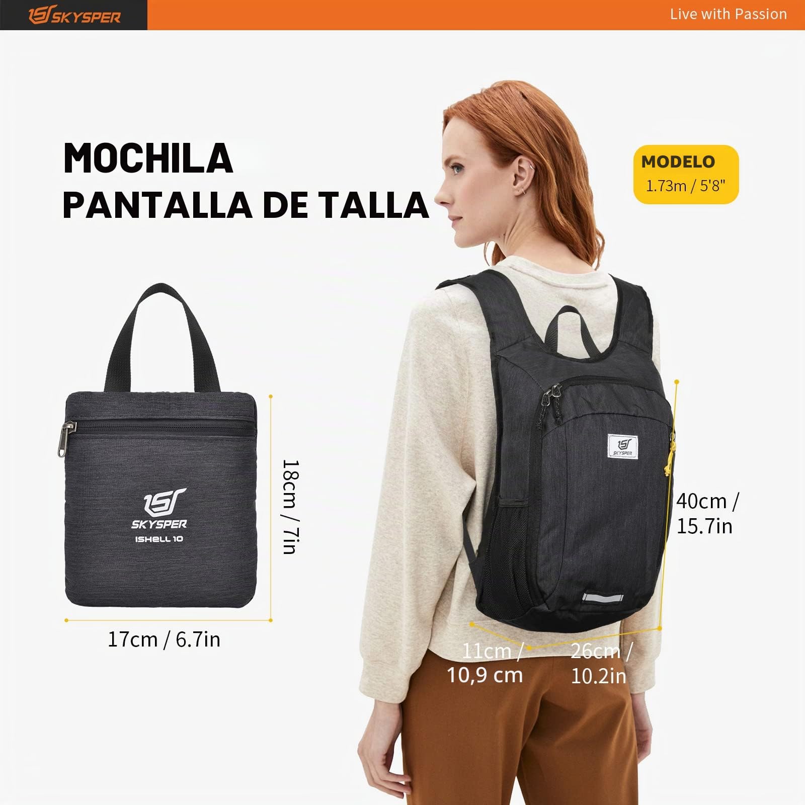SKYSPER 10L Mochila Plegable Ultraligera Mochila de Viaje Mochilas de Marcha Pequeña Ahorra espacio para Hombre Mujer Viaje Excursiones Cortas Senderismo, negro
