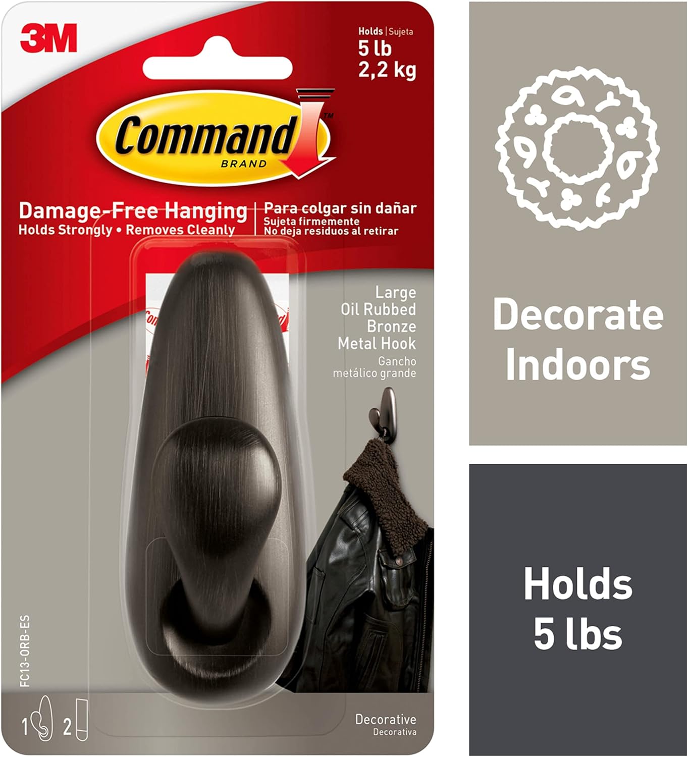 Command Large Metal Hook, Oil-Rubbed Bronze, Holds up to 5 lbs, 1-Hook, 2-Strips, Organize Damage-Free