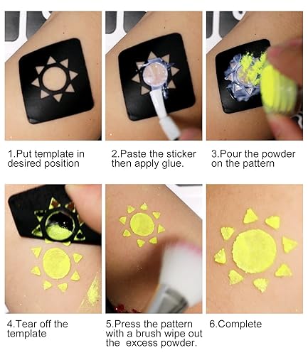 Miniatura 8 de Kit de tatuaje temporal con purpurina para maquillaje de niños, 30 purpurina corporal, 3 pegamento de purpurina, 5 hojas de plantillas de tatuajes,