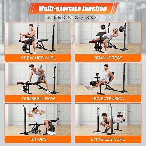 Miniatura 10 de Banco de pesas olímpico, banco de entrenamiento ajustable para levantamiento de pesas con barra y estante para sentadillas, extensión de piernas,