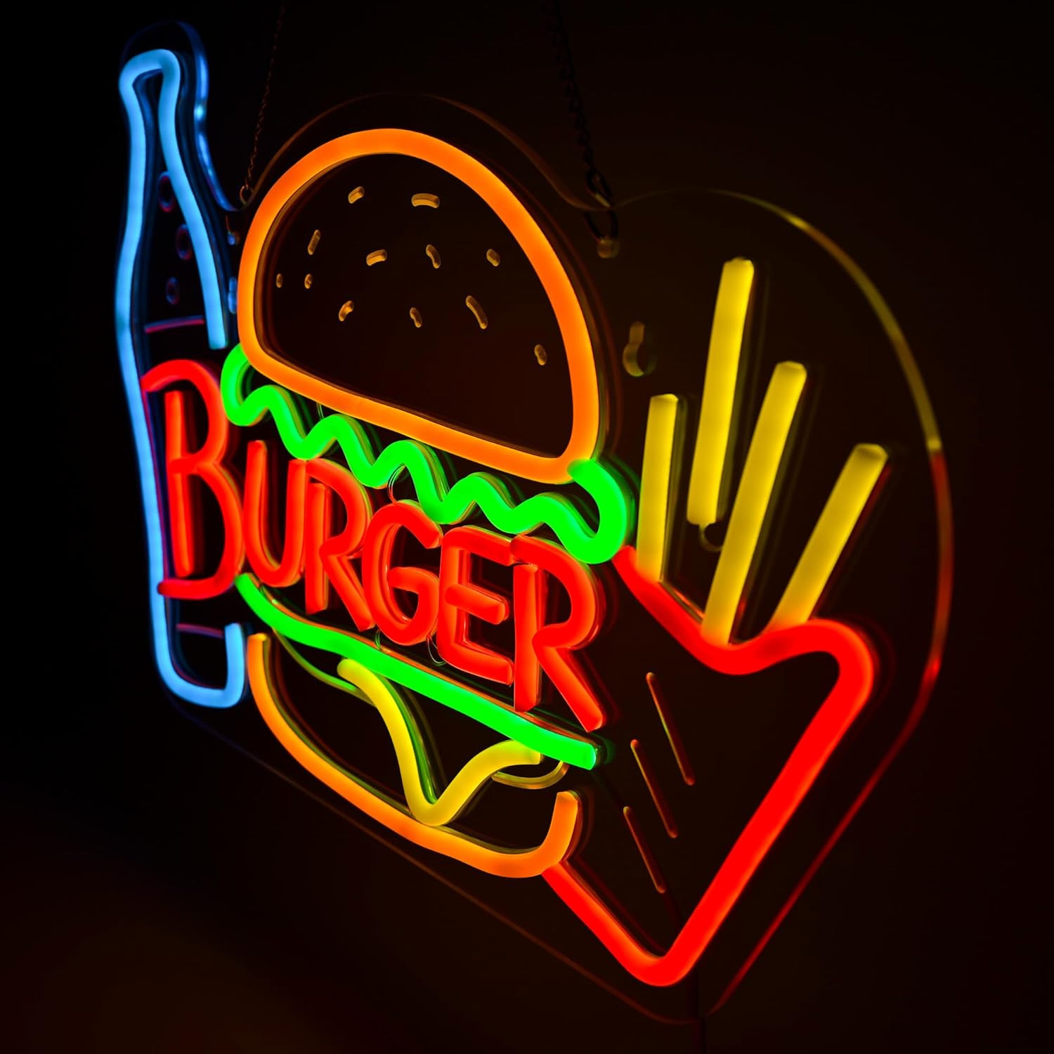 Burger & Fries Neon Sign - RDimmable Fast Food LED Light, Restaurant & Dining Room Wall Decor, Snack Bar Sign, Hamburgers Party Decorations