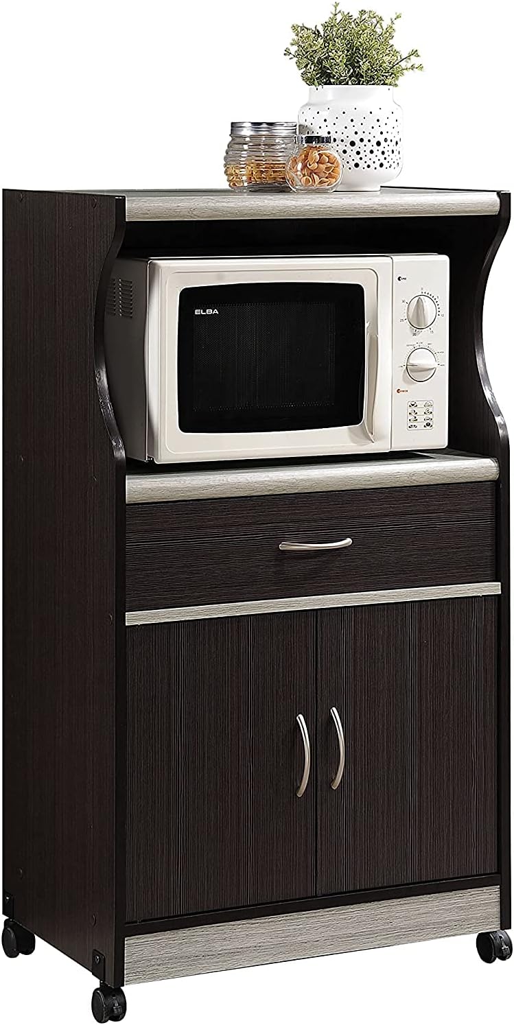 Hodedah Microwave Cart with One Drawer, Two Doors, and Shelf for Storage, Black-Beech - Kitchen Islands & Carts