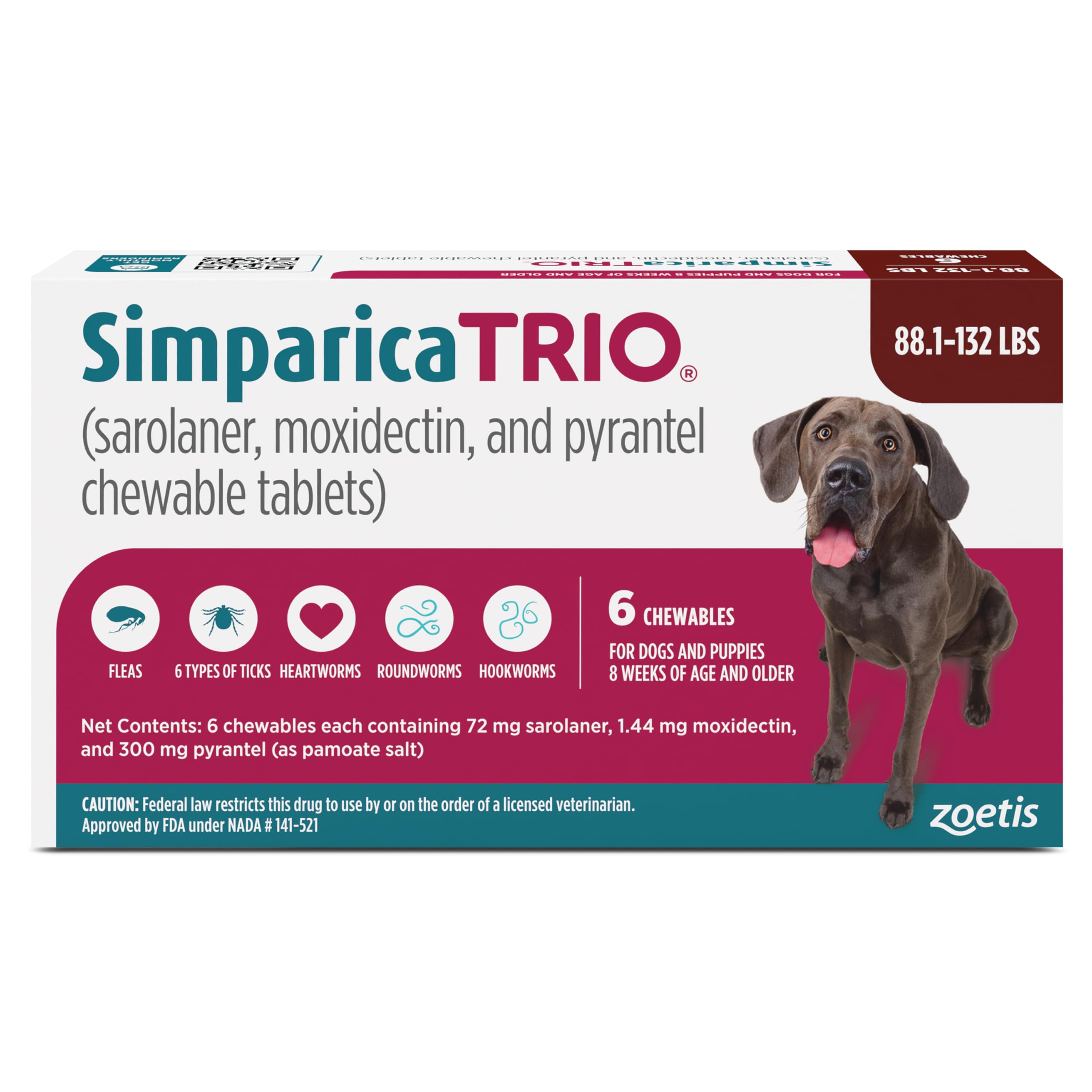 Simparica Trio (sarolaner, moxidectin, and pyrantel chewable Tablets) Chewables for Dogs, 72 mg/tab, 88.1-132 lbs, (Brown), 6 Tablets