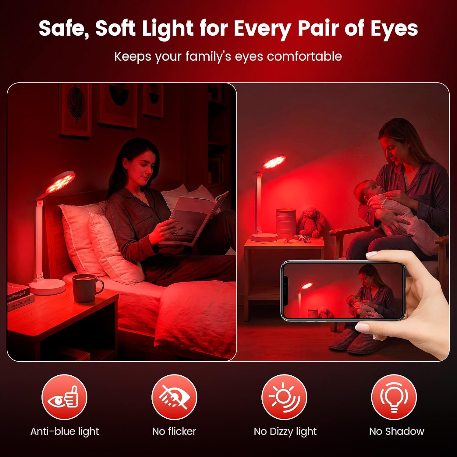 Lustaled 670nm Red Light Lamp for Bedroom, Sleep, Rechargeable, Dimmable image 5