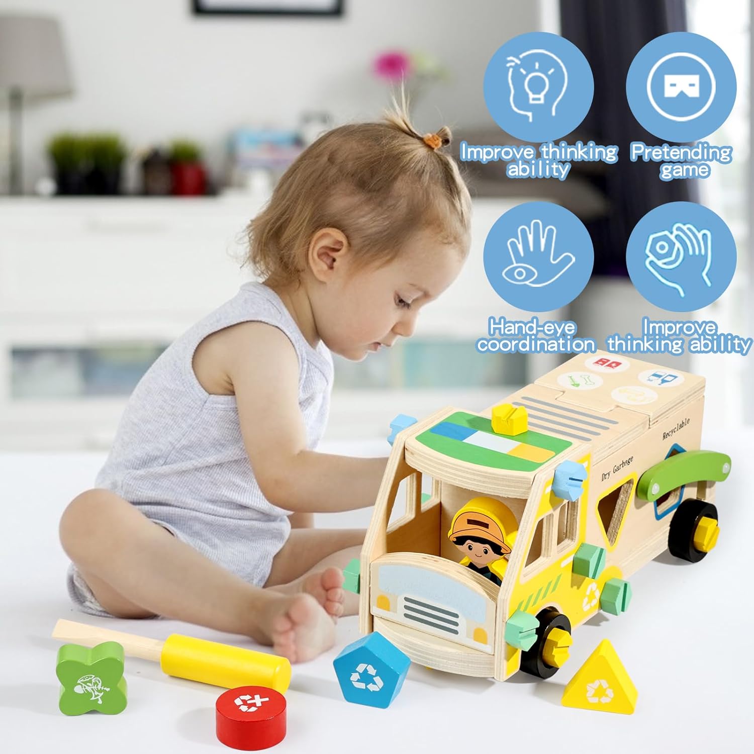 LOVELAND Wooden Recycling Truck Toy Take-Apart Garbage Sorting Truck