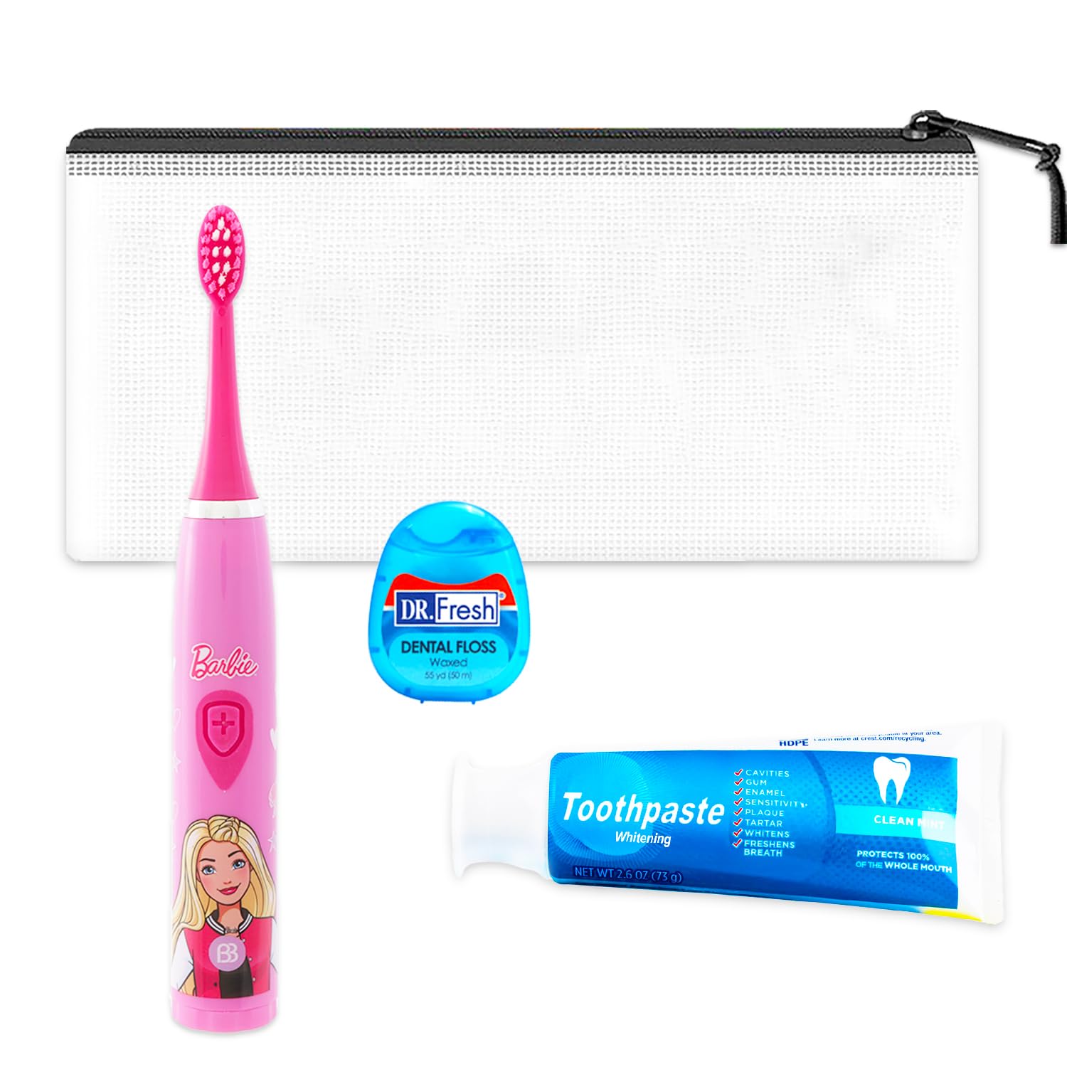 Barbie Mundpflege Reise-Set für Kinder, Packung mit einer Zahnbürste, Zahnpasta, Zahnseide, Reisetasche, mehr für Mädchen, Kleinkinder, Bürsten-Set
