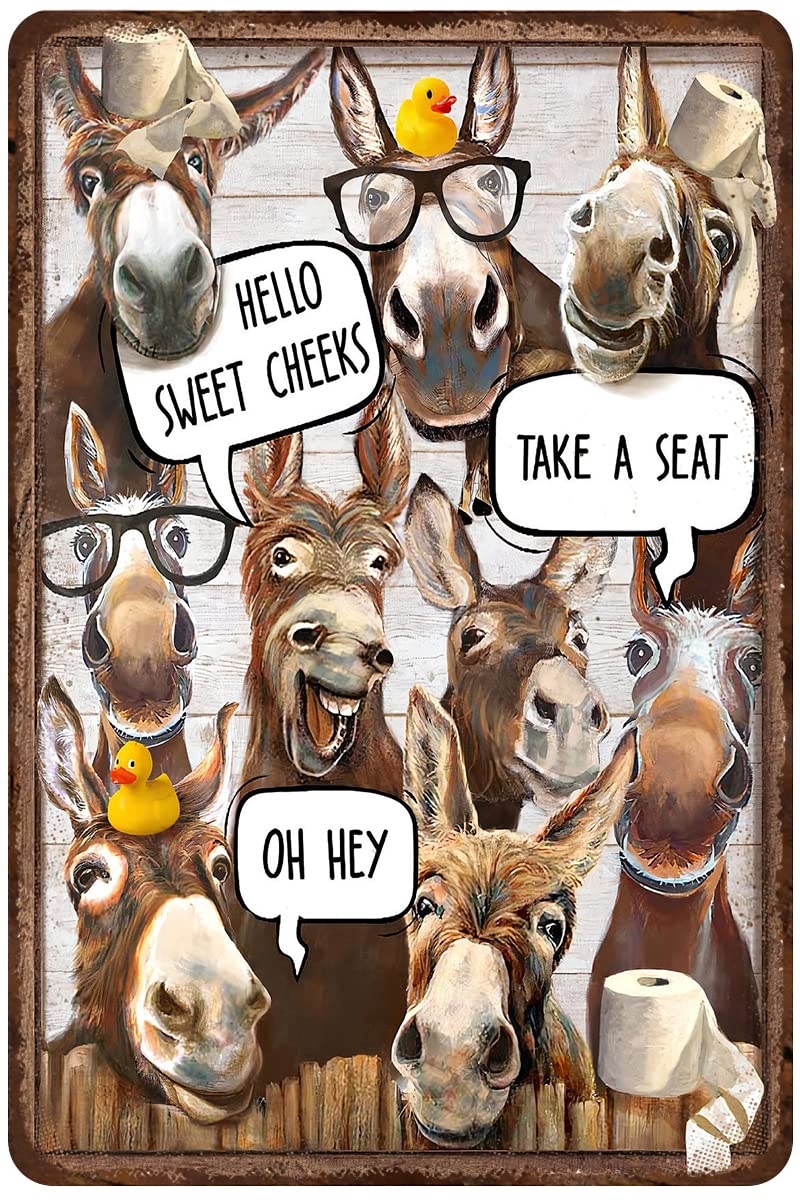 Loyience Rustic Retro Metal Tin Sign Funny Donkey Why Hello Sweet Cheeks Bathroom Poster Donkey Bathroom Wall Art Funny Bathroom Sign Farmhouse Home Restroom Toilet Bath Signs Wall Decor (8X12Inch)