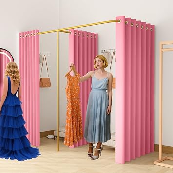 Double Fitting Room for Two, F-Shape Large Dressing Room for Boutique, Clothing Store Changing Rooms Curtains Divider Retail Privacy Protection Partitions Light Pink