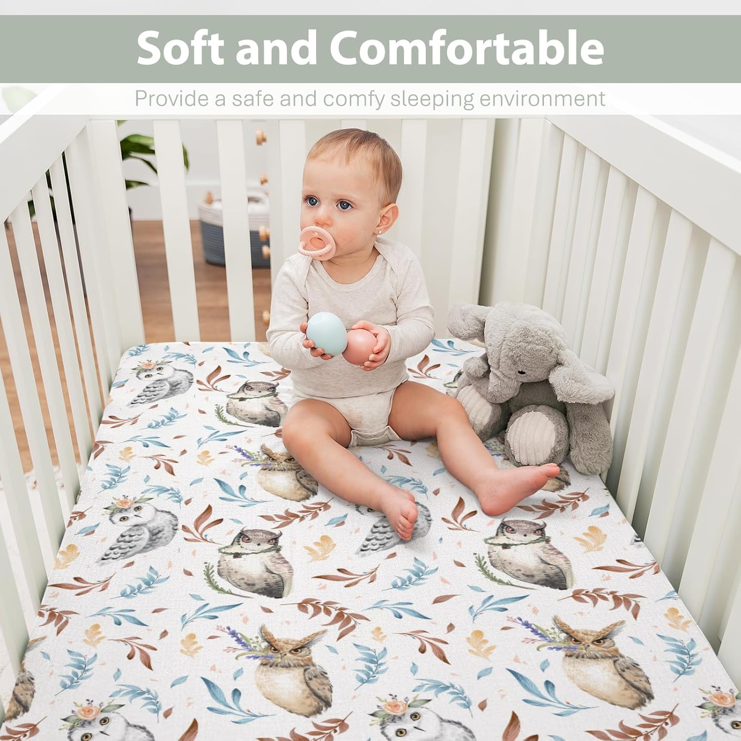 Boho Owls Floral Leaves Baby Crib Sheets for Boy Girl 52x28Inch Watercolor Owl Bird Soft Stretchy Fitted Crib Mattress Covers Floral Owl Fern Baby Sheet for Crib & Toddler Bed Mattress