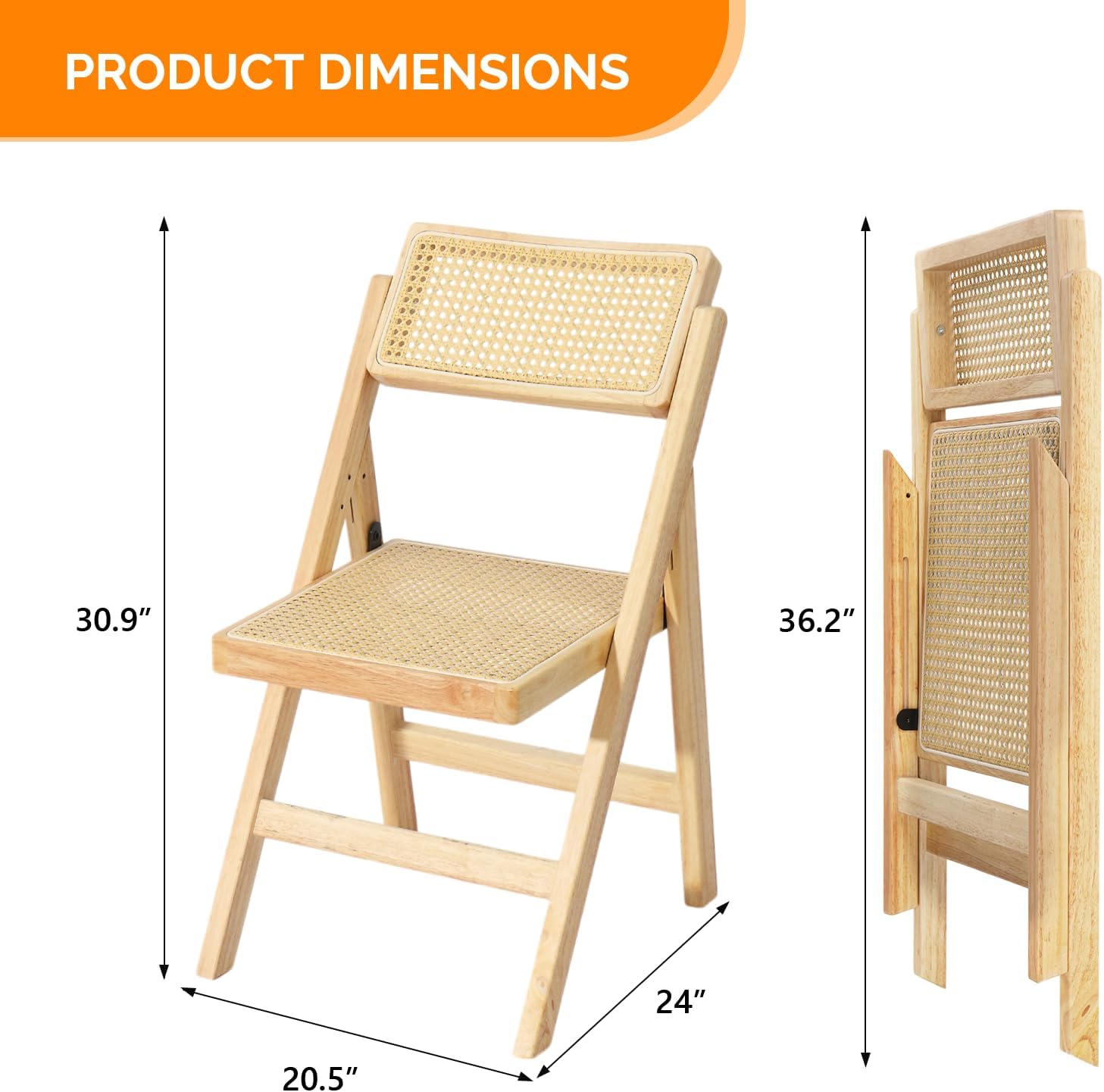 VINGLI 2 Pack Rattan Wooden Folding Chair, Dining Folding Chair with 360° Swivel Backrest, Sturdy Rubberwood Frame and Rattan Woven Seat and Back, Natural Color, Set of 2