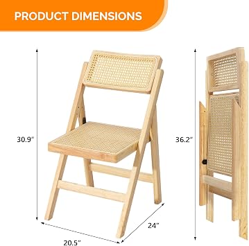 VINGLI 2 Pack Rattan Wooden Folding Chair, Dining Folding Chair with 360 Swivel Backrest, Sturdy Rubberwood Frame and Rattan Woven Seat and Back, Natural Color, Set of 2