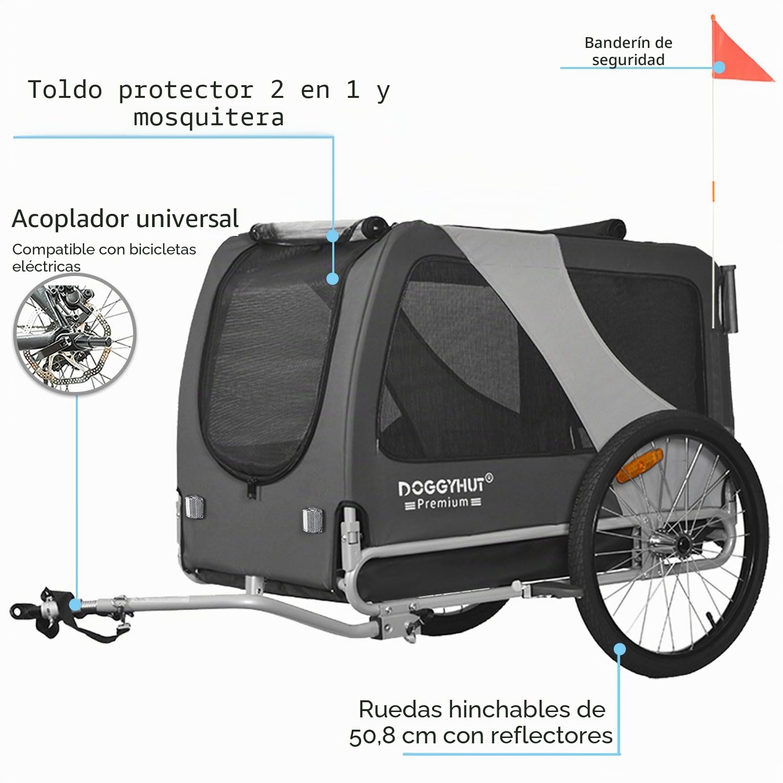 DOGGYHUT® Premium XL 2 en 1 Remolque de bicicleta para perros y corredores, 23 – 45 kg, remolque de bicicleta para perros, para bicicleta 80106 (gris)