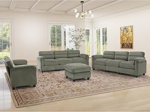 Miniatura 11 de Juego de sofá de pana, otomana tapizada, sofá de dos plazas y sofá de 3 plazas con cojines mullidos y brazos redondeados, juegos de muebles modernos