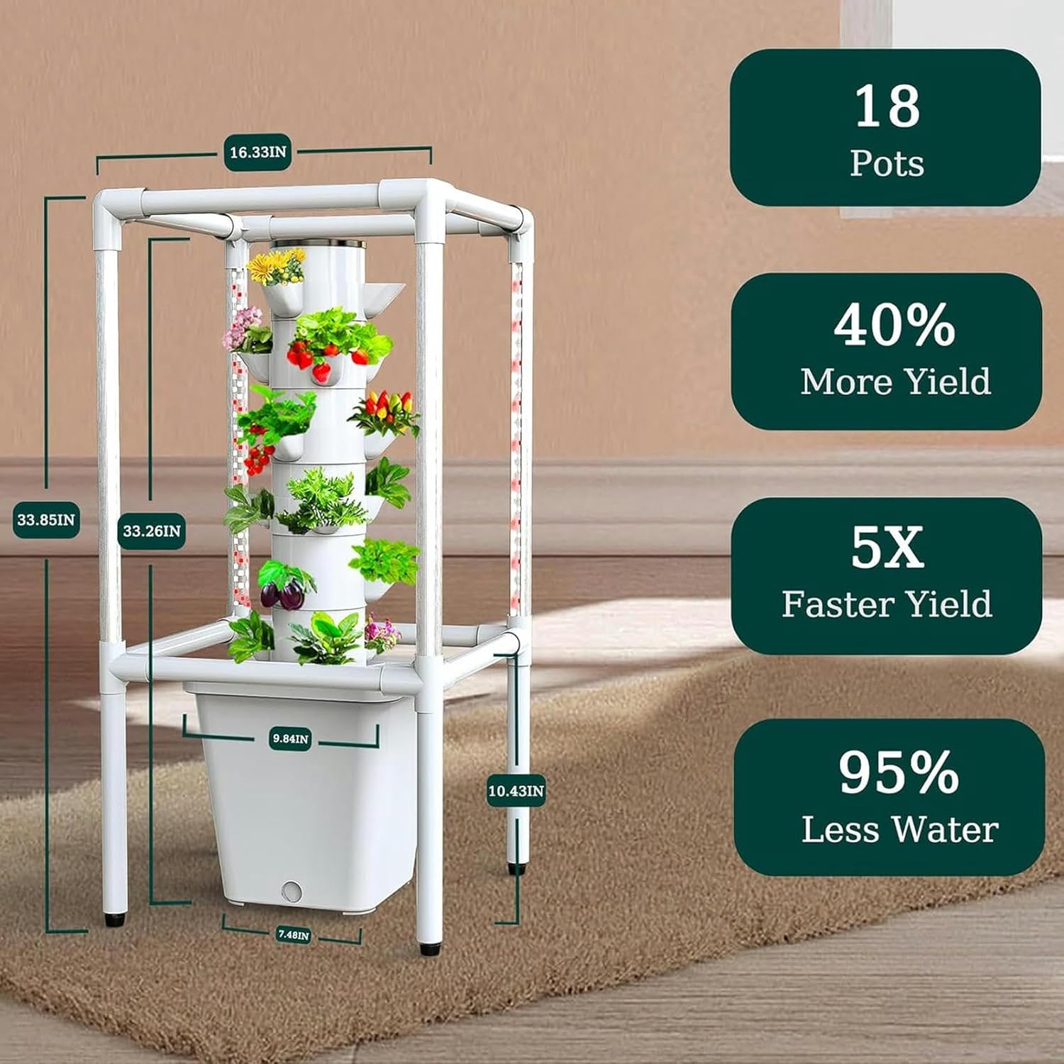 AMNOOL Hydroponics Growing System,18-Plant Hydroponics Tower Indoor Vertical Garden with LED Timing Grow Light,Nursery Germination Kit Including Water Level,Water Tank,Timer