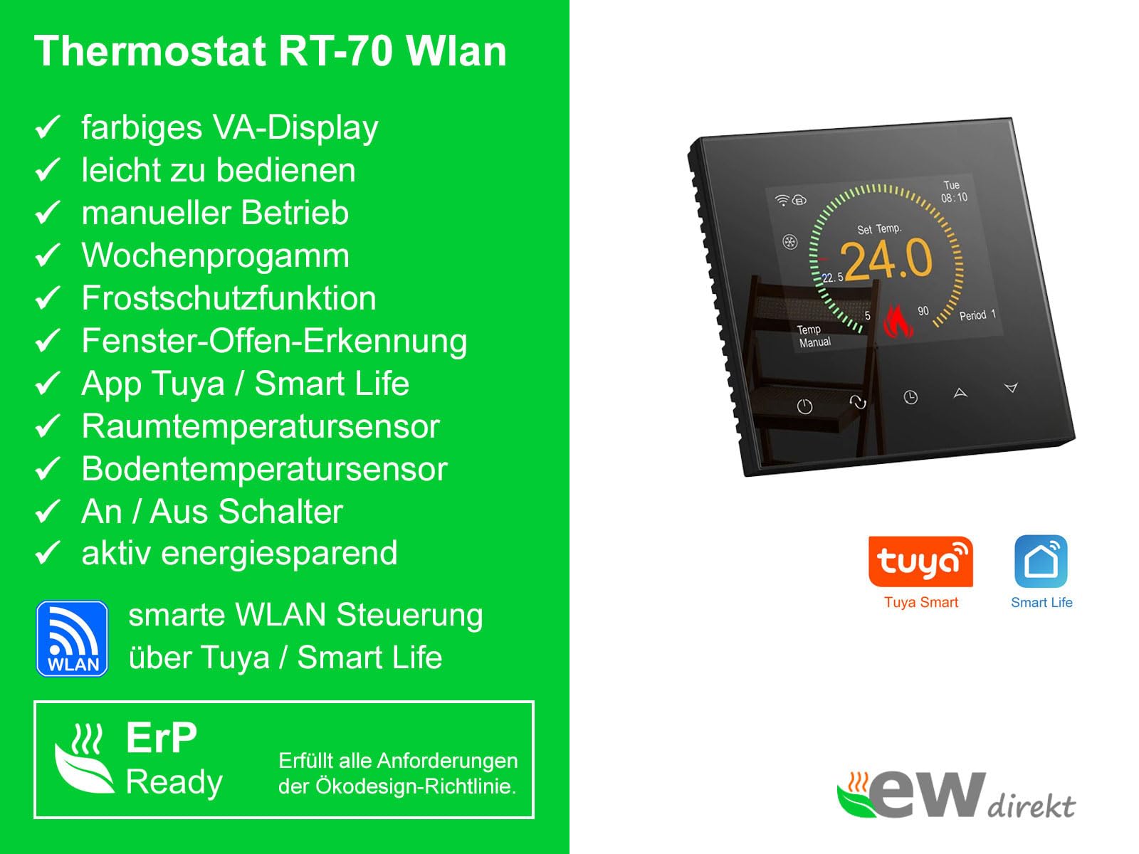 elektrische Fußbodenheizung UltraPro 160 für Fliesen, Naturstein mit Thermostat RT-70 WLAN Tuya/Smart Life (1 m² - 0,5 x 2 m)