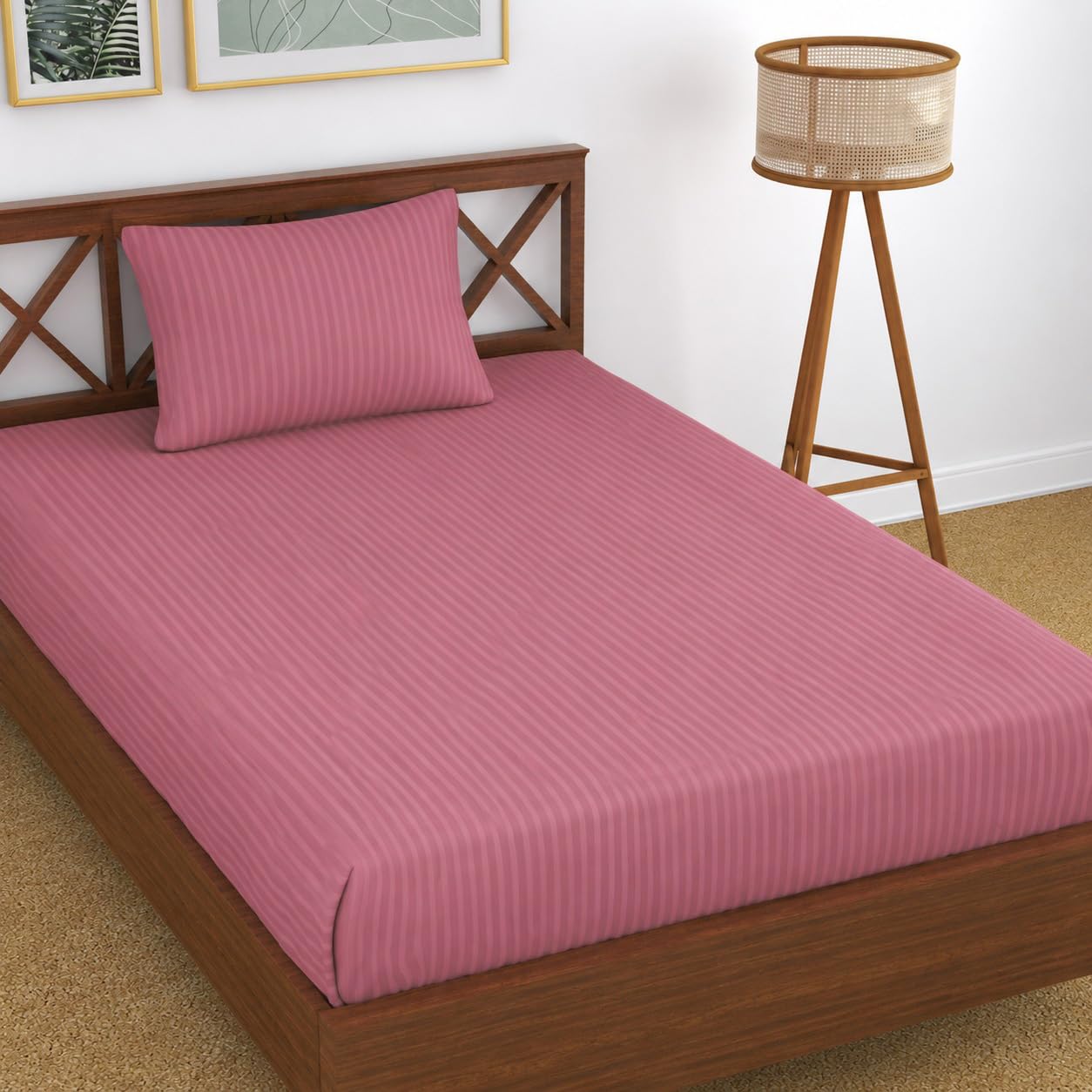 Homefab India 160 TC Stripe Glace Cotton Single BedSheet with 1 Pillow Cover - Pink