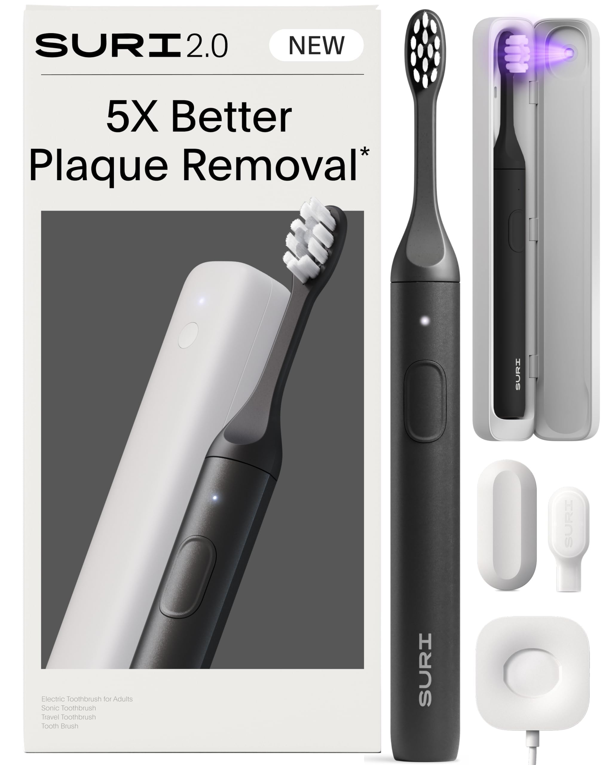 SURI 2.0 Nuevo cepillo de dientes eléctrico sónico con sensor de presión y estuche de viaje de limpieza UV | 1 mes + batería | Cepillo de dientes eléctrico para adultos | Cepillos de dientes de viaje