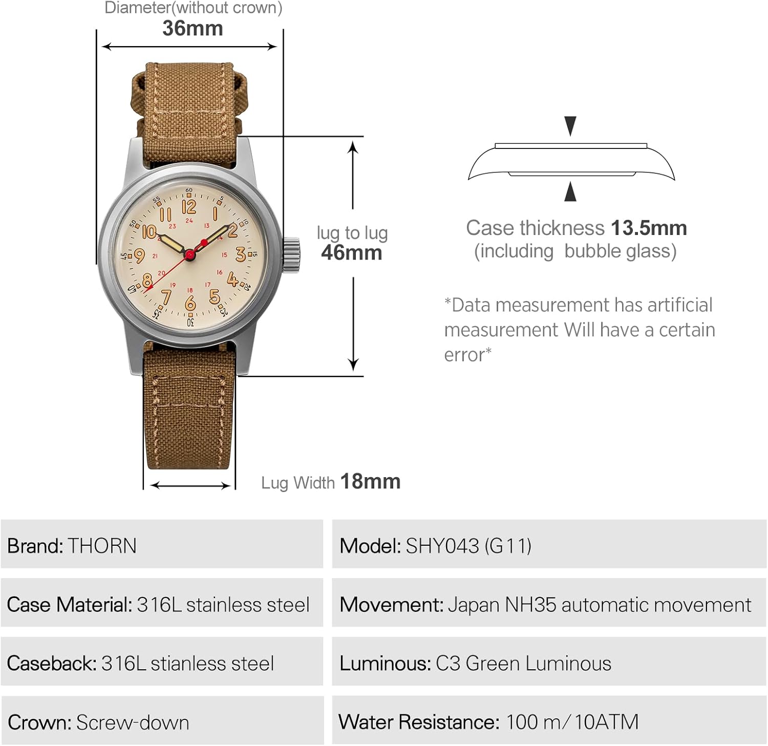 TACTICAL FROG Thorn G11 36mm Men's Watch - NH35 Automatic Military Watch C3 Luminous 10 ATM Water Resistance