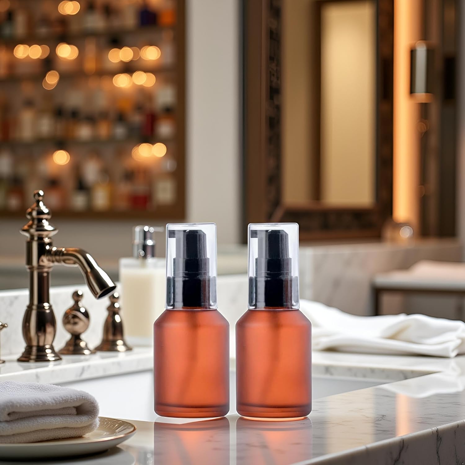 2 Pcs 30ML Brown Refillable Glass Lotion Pump Bottle, Cosmetic Sample Container with Black Plastic Pump Head - Ideal for Creams, Serums, Emulsions, Travel Packing, and Beauty Gels, Pump Dispensers