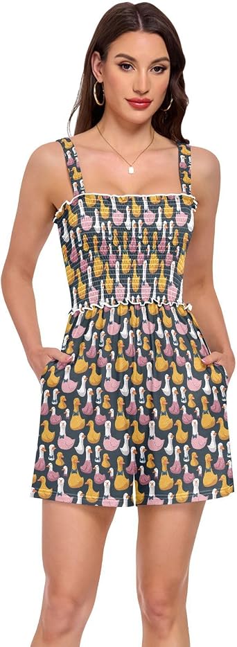 Womens Tropical Playsuit Square Neck Smocked Romper Summer Vacation Beach Outfit with Pockets
