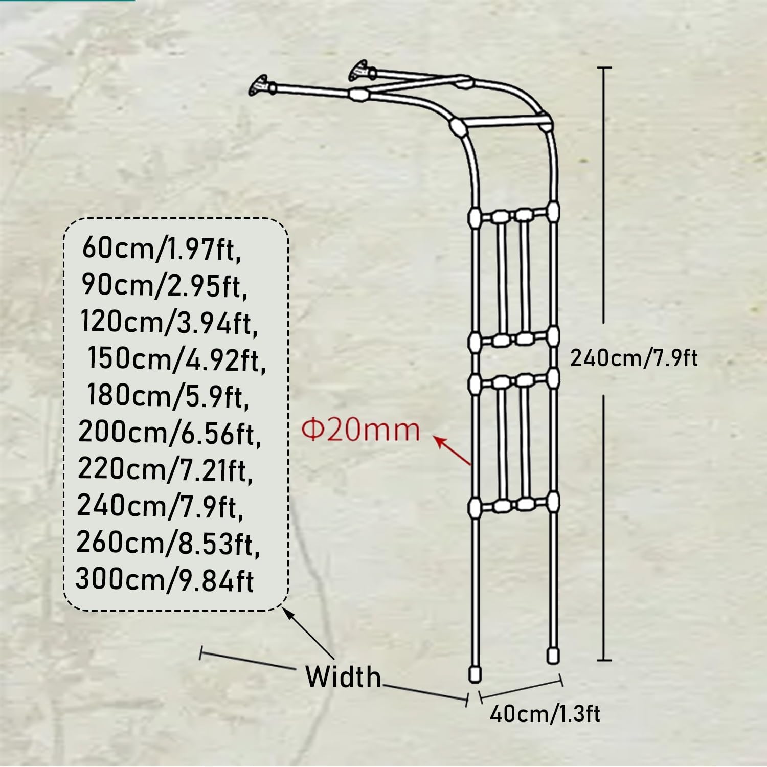 Traliccio semicircolare da giardino per esterni, 10 misure, supporto per rose in metallo, per piante rampicanti, decorazione da giardino, per patio, bianco (altezza 240 x larghezza 240 cm)