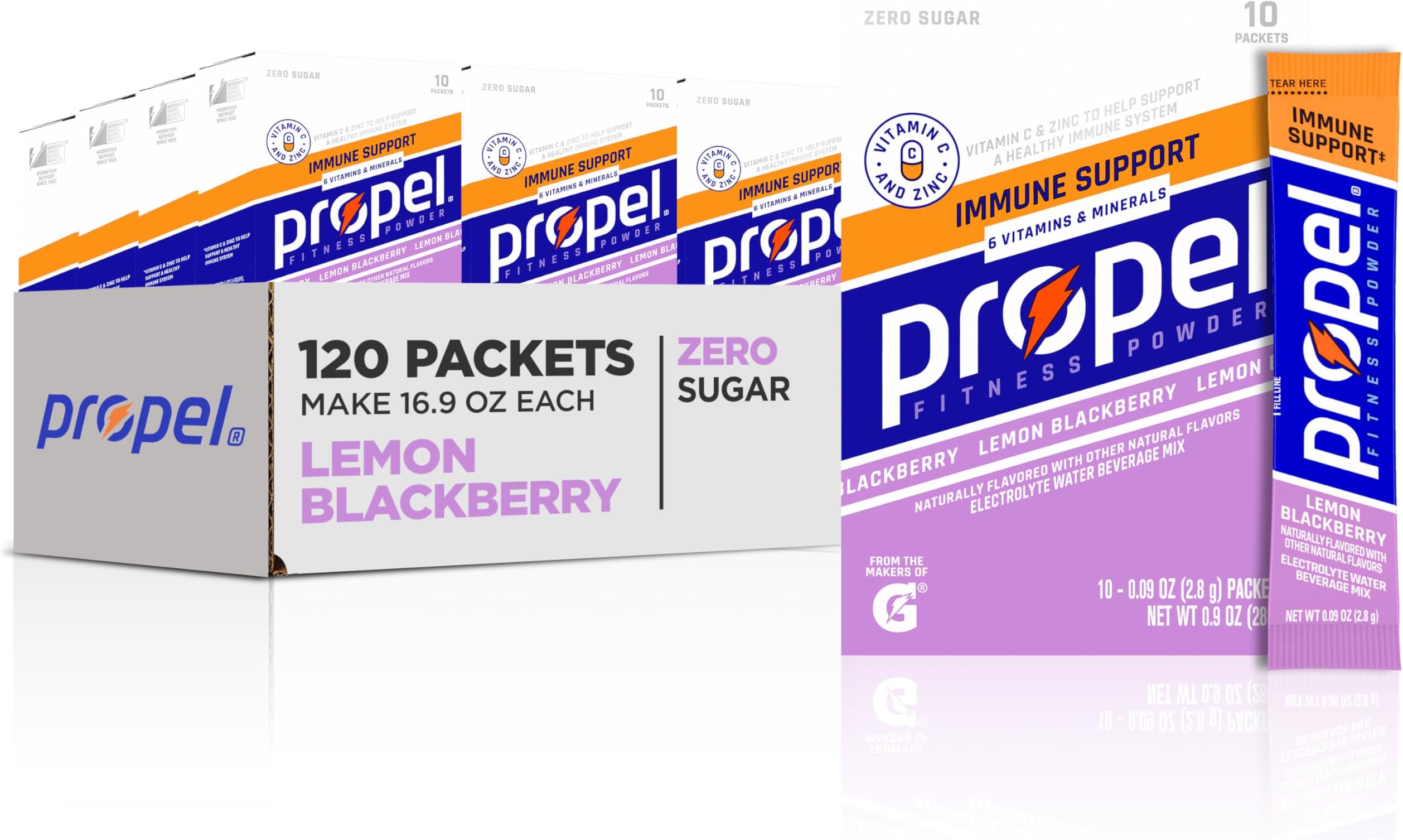 Immune Support Electrolyte Enhanced Water Drink Mix Powder Packets, Lemon Blackberry, 100% DV Vitamin C, Good source of Zinc, Zero Sugar Hydration with Electrolytes and Vitamins (120 Packets)