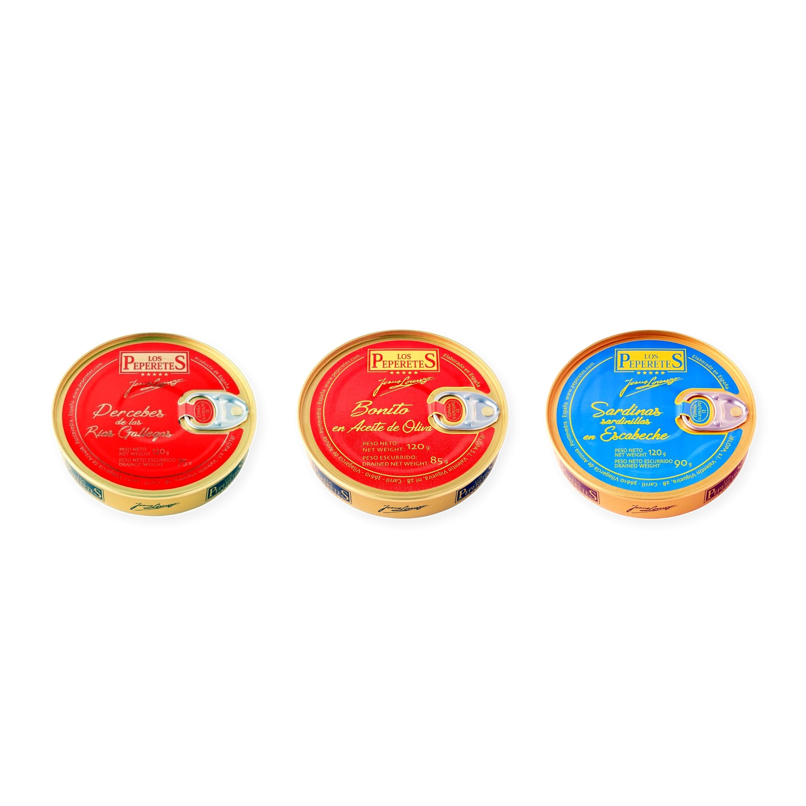 los peperetes conservas Percebes Rías Gallegas, Bonito Aceite Oliva y Sardinillas Escabeche pack 3 latas