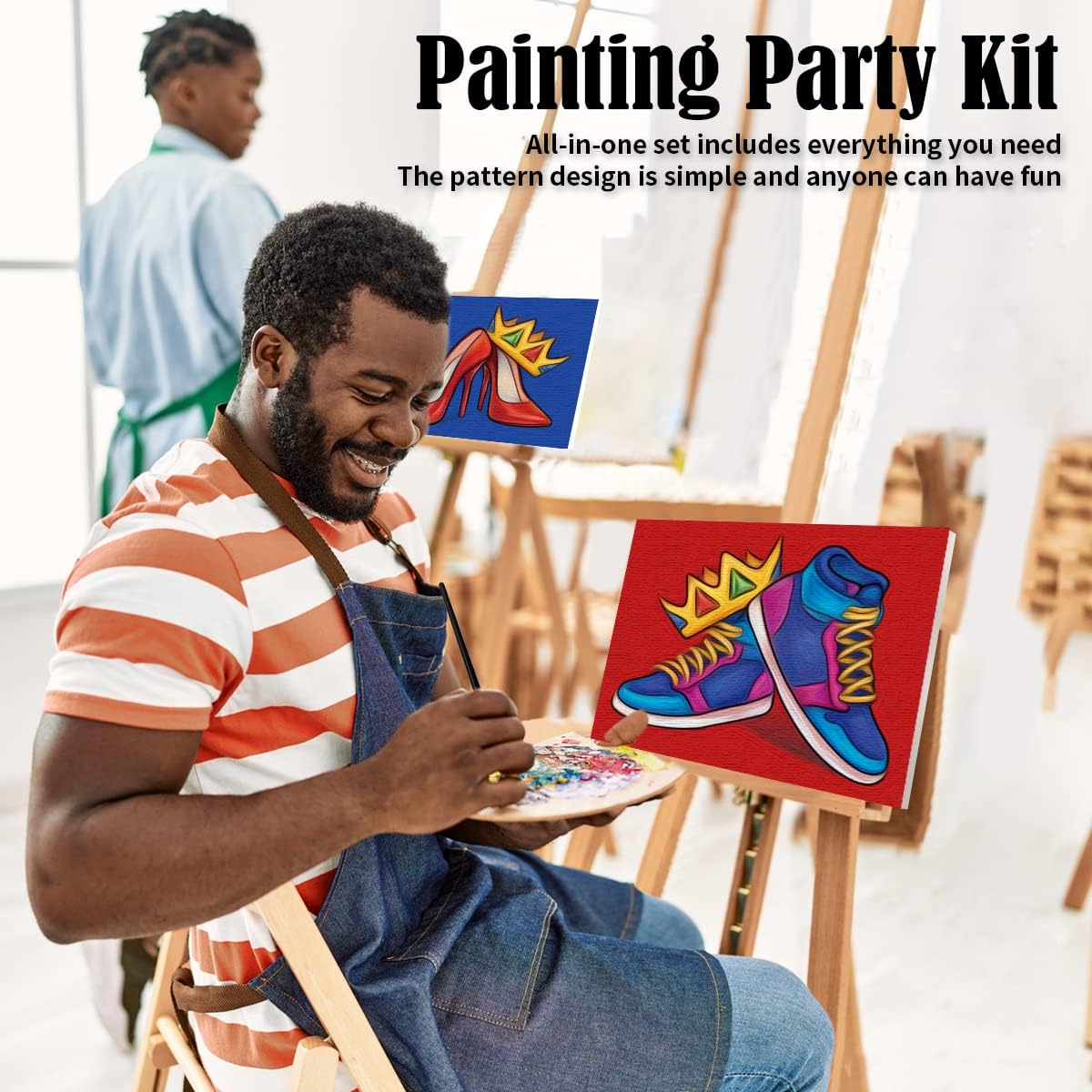 VOCHIC 2 Pack Couples Paint Party Kits Pre Drawn Canvas for Adults Paint and Sip Kit Date Night Games for Couples Painting Valentine's Day (12x16 Inches, Crown High Heel and Sneakers)