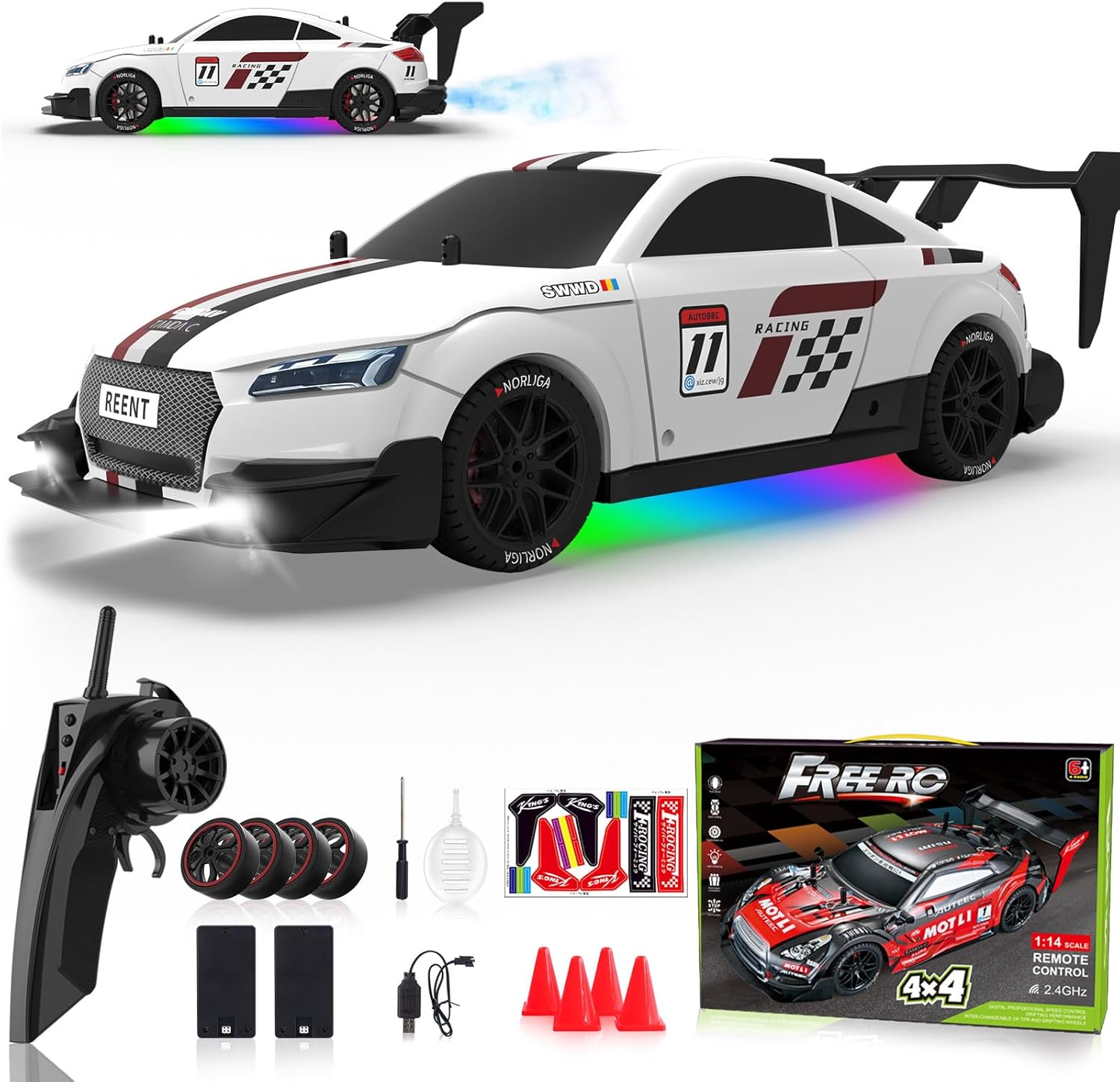 RC Drift Car 1/16 Scale 2.4Ghz 4WD Remote Control Car With Spray & Led Lights, 30+KM/H High Speed RC Drag Car, Racing Sport Toy Cars for Adults Boys Girls Kids Gift 2Pcs Rechargeable Battery