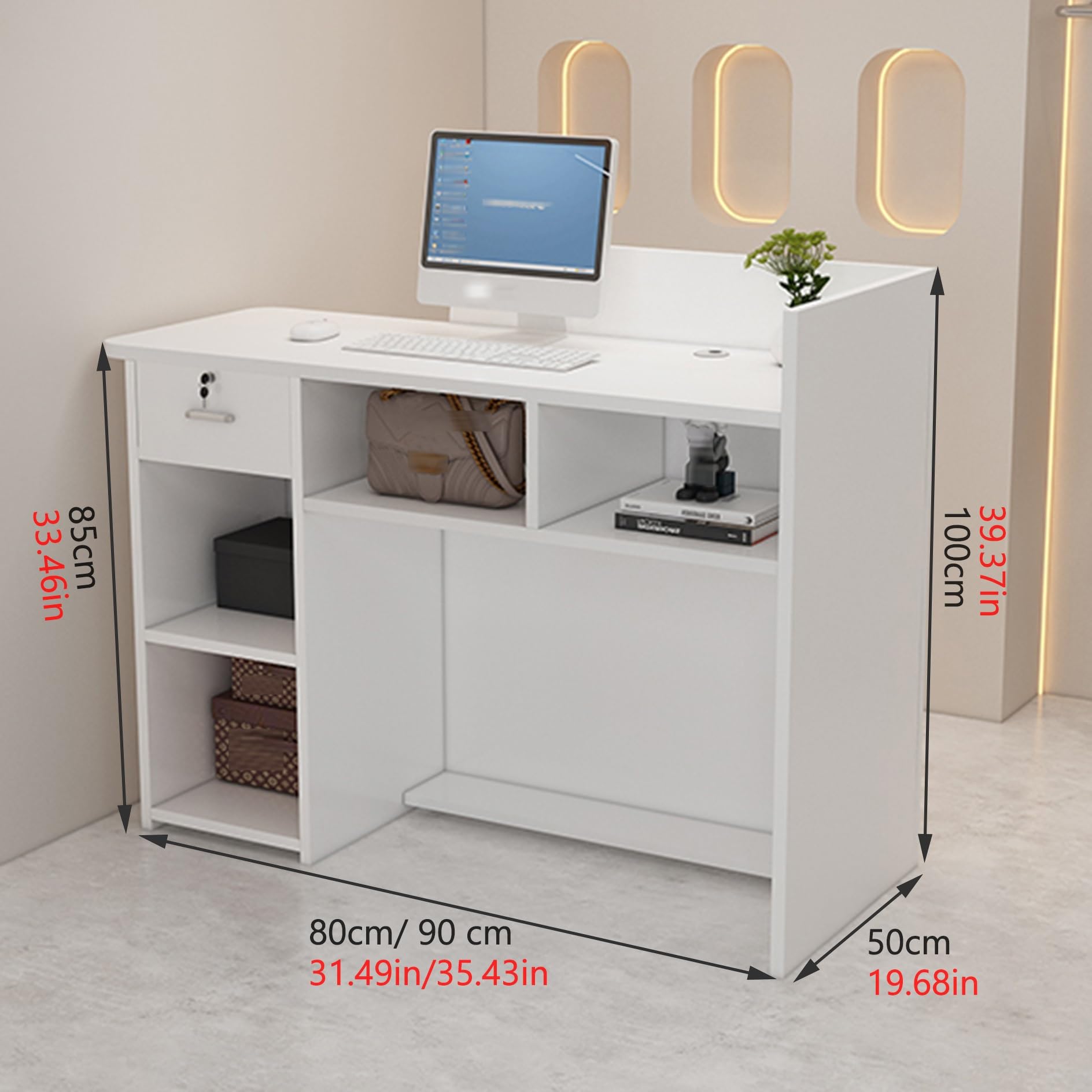 Banco di cassa del registratore di cassa della scrivania del computer della reception con cassetto chiudibile per ufficio e uso di bellezza, design moderno