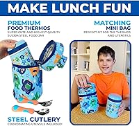 Vista 3 de Tarro térmico de acero inoxidable, bolsa de almuerzo aislada y juego de utensilios. Contenedor de alimentos para niños pequeños, almuerzos calientes