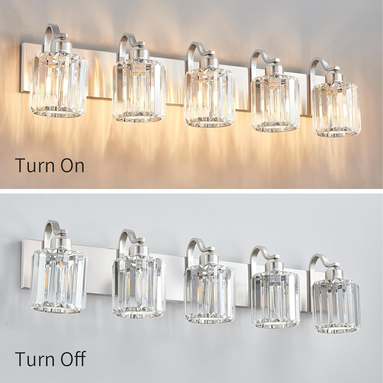 Modern Crystal Bathroom Vanity Light 5 Light Brushed Nickel Vanity Lighting Over Mirror Bathroom Wall Lighting Fixtures with Round Shade (Exclude Bulb)