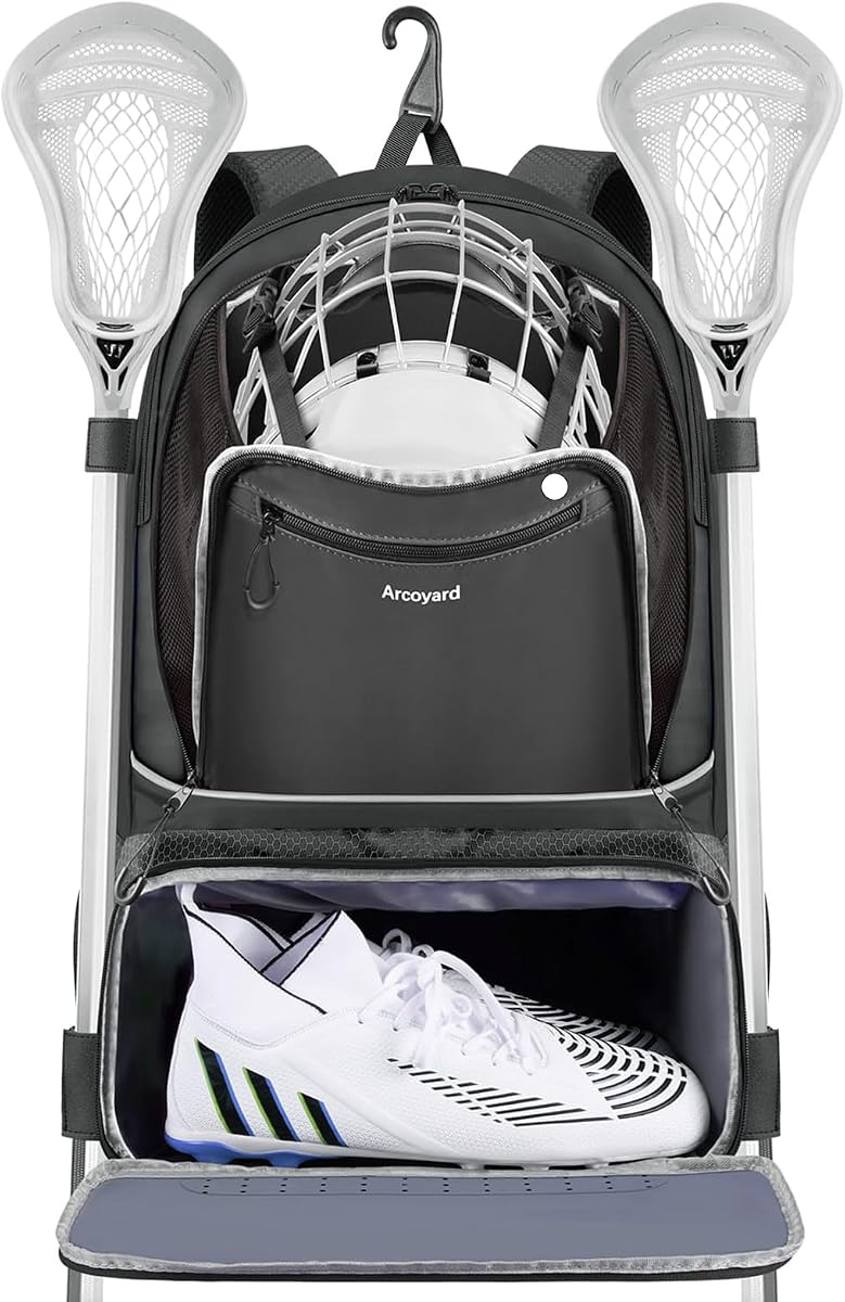 Arcoyard Mochila de lacrosse extra grande con 2 soportes para palos, bolsa de lacrosse profesional para jóvenes con compartimento para tacos ventilados y bolsillo aislado, para todo el equipo de hockey sobre césped