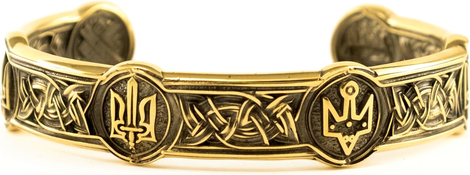 Men's cuff bracelet History of Ukrainian tridents, handmade runic solid brass c shape bangle